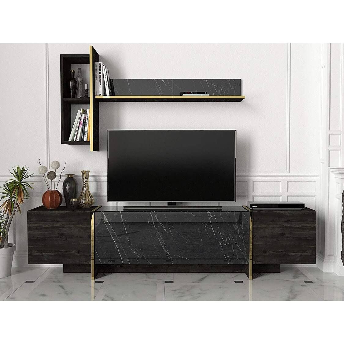 Sayre Furniture Veyron Tv Unit Black Rebab Black Marble – Wgl 1 S Pertaining To Black Marble Tv Stands (Gallery 3 of 20)