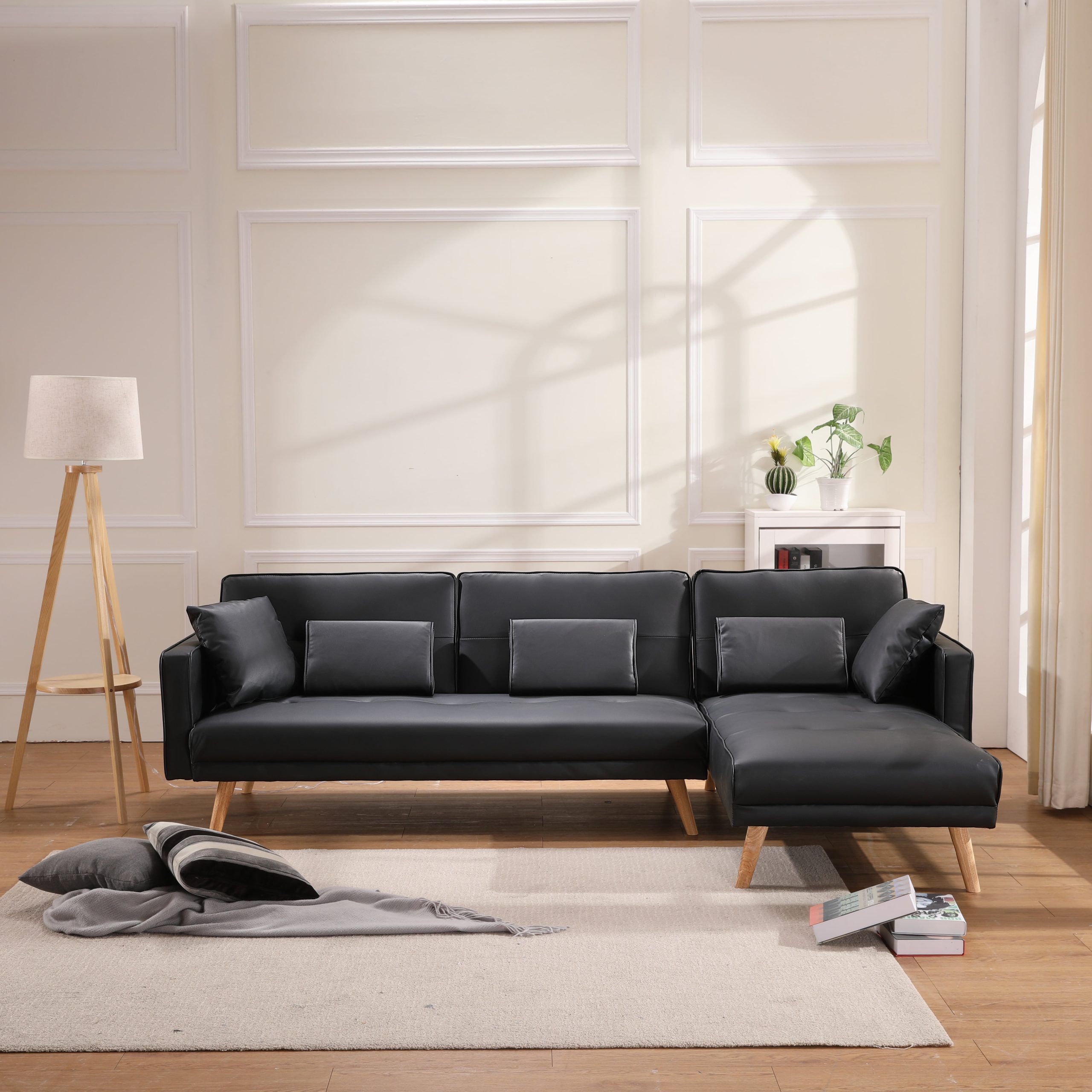 Sectional Sofa For Living Room, Modern Leather 3 Seat Sofa Bed, Futon Inside 3 Seat L Shaped Sofas In Black (View 15 of 20)