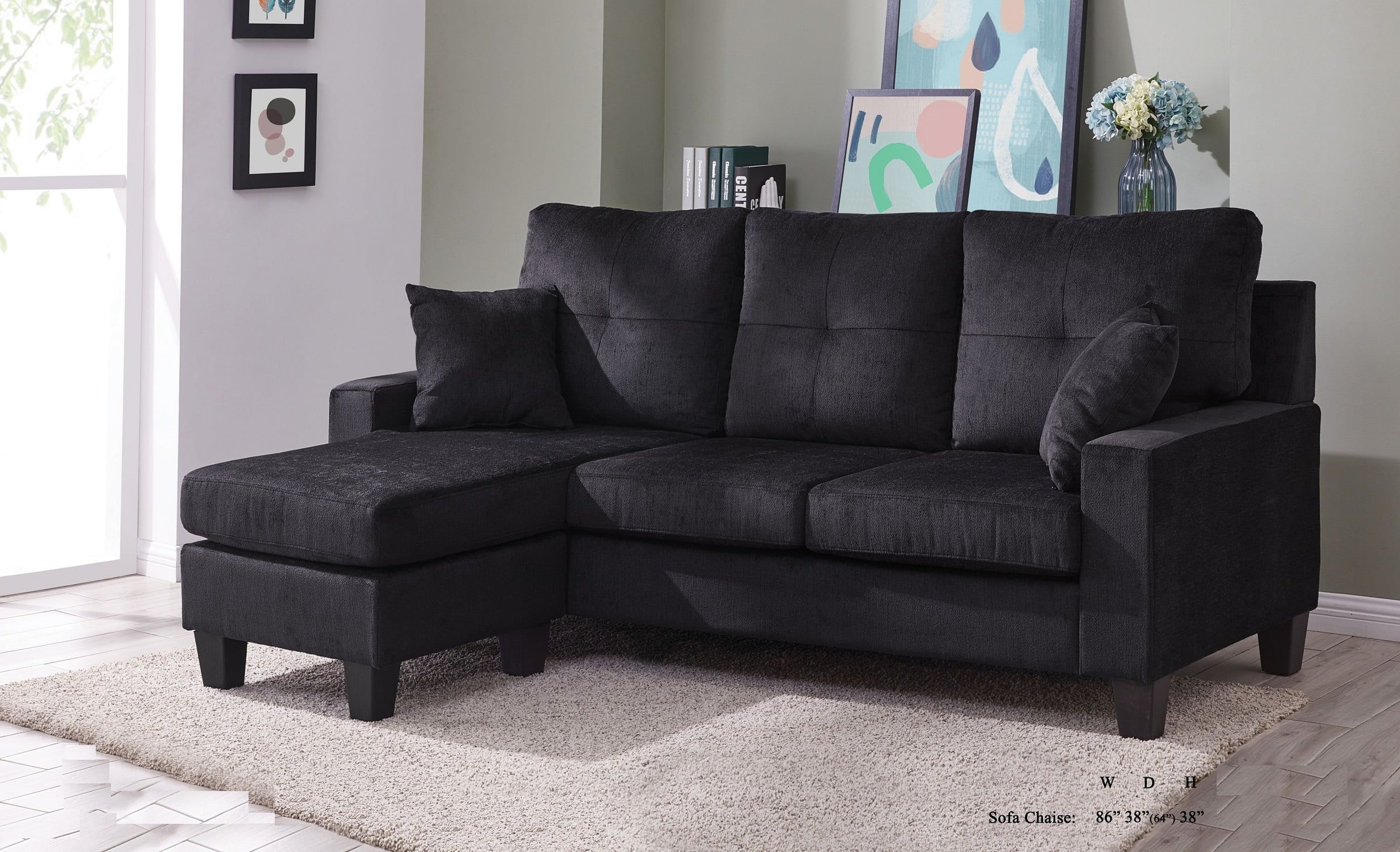 Sectional Sofa Set Black Fabric Tufted Cushion Sofa Chaise Small Space For Traditional Black Fabric Sofas (Gallery 20 of 21)