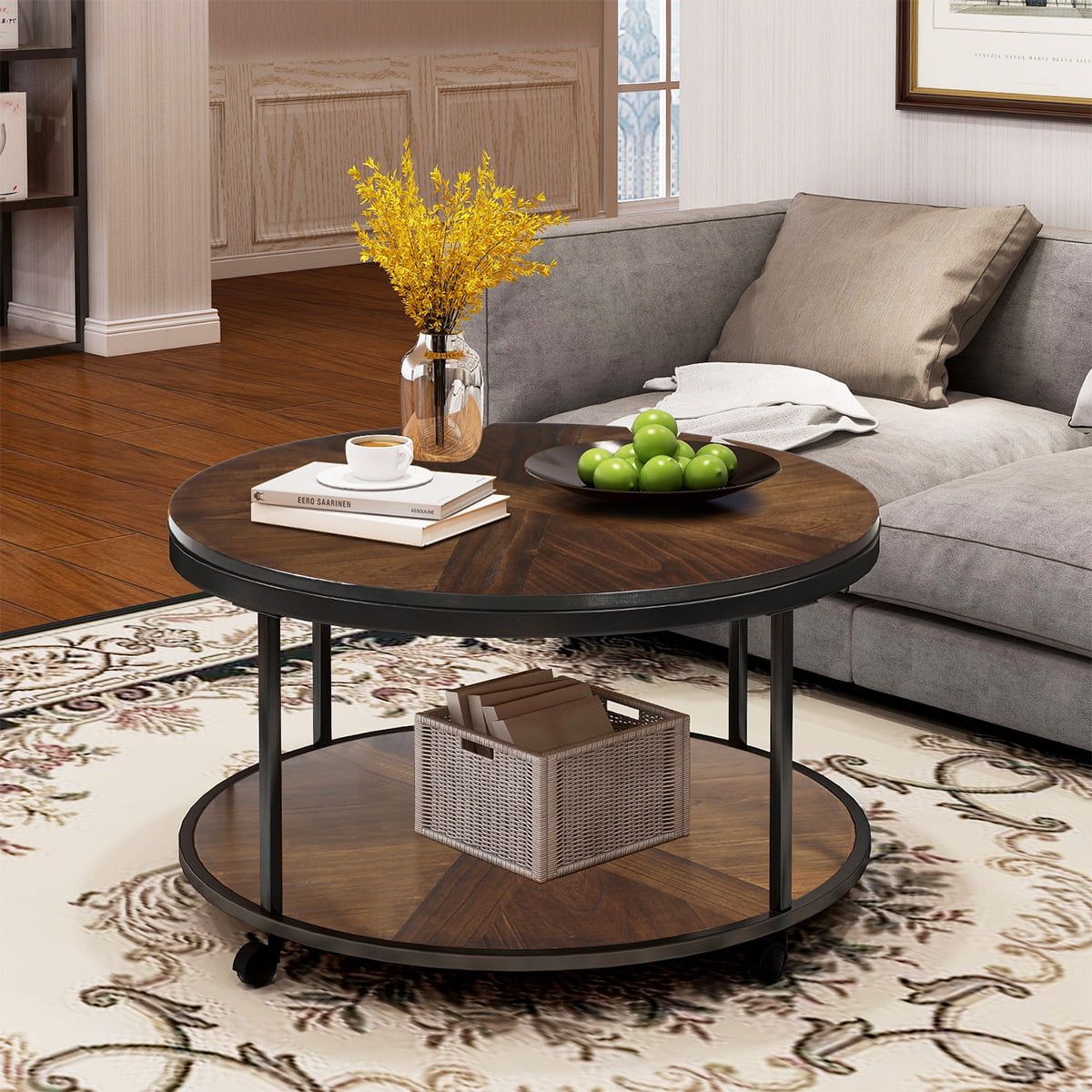 Sentern Round Coffee Table With Caster Wheels And Unique Textured Intended For Round Coffee Tables With Steel Frames (View 19 of 21)