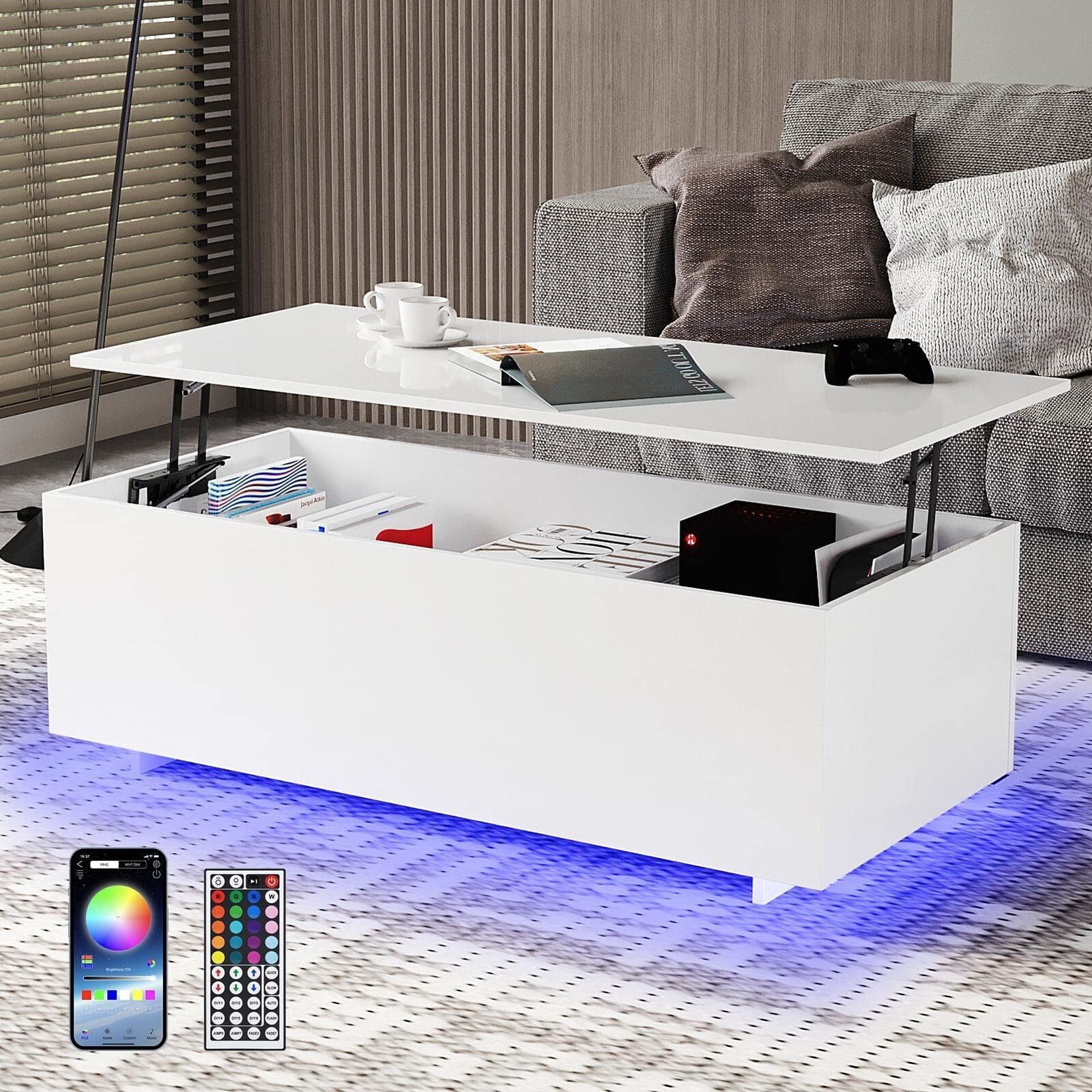 Shiyao 47inch Modern Led Coffee Tables Lift Top With Storage And Hidden For Led Coffee Tables With 4 Drawers (View 15 of 20)
