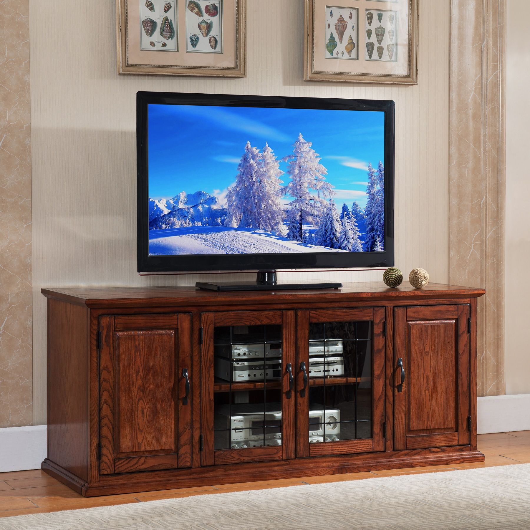 Shop Kd Furnishings Oak Finish Wood/glass 60 Inch Tv Stand – Free Regarding Oaklee Tv Stands (Gallery 19 of 20)