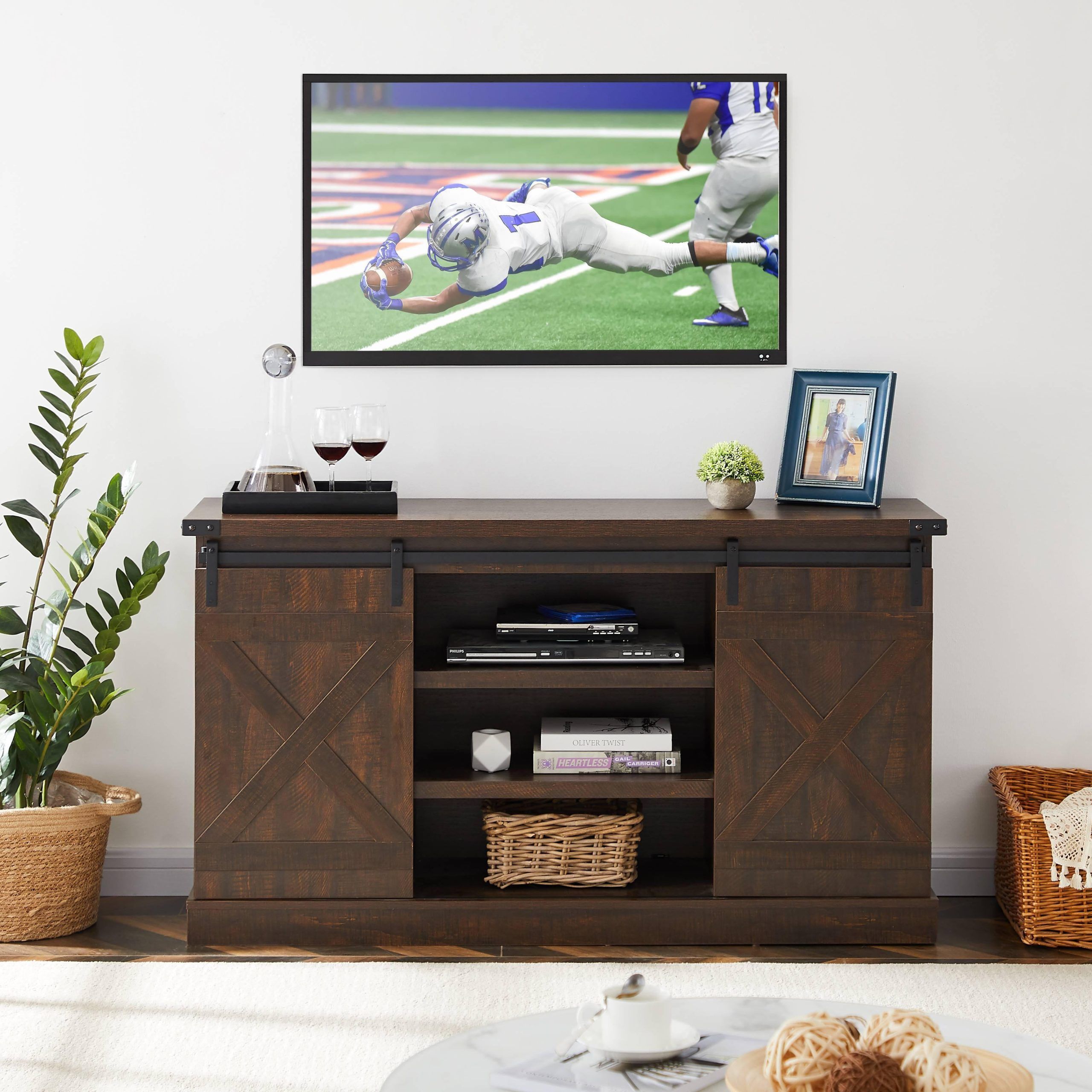 Sliding Barn Door Tv Cabinet With Storage Space And Shelf, Modern For Cafe Tv Stands With Storage (View 14 of 20)