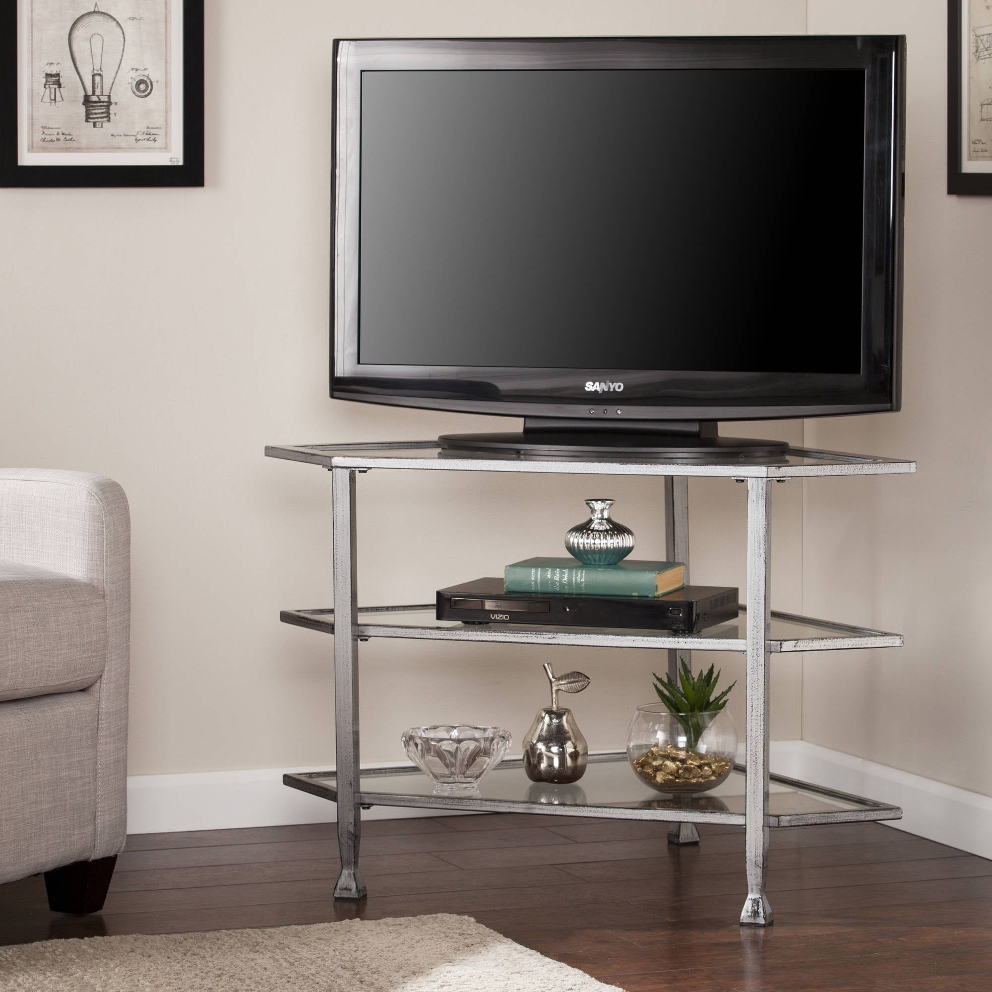 Southern Enterprises Jumpluff Metal/glass Corner Tv Stand For Tvs Up To Inside Glass Shelves Tv Stands (View 16 of 20)