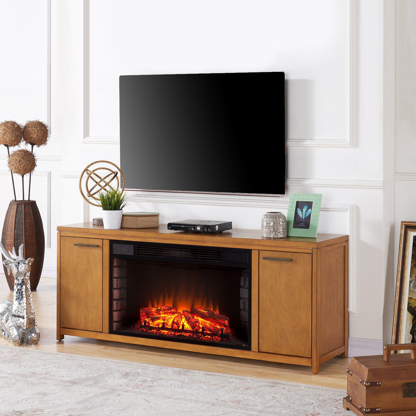 Southern Enterprises Lymden Electric Fireplace Tv Stand – Oak – Walmart Within Tv Stands With Electric Fireplace (View 2 of 20)