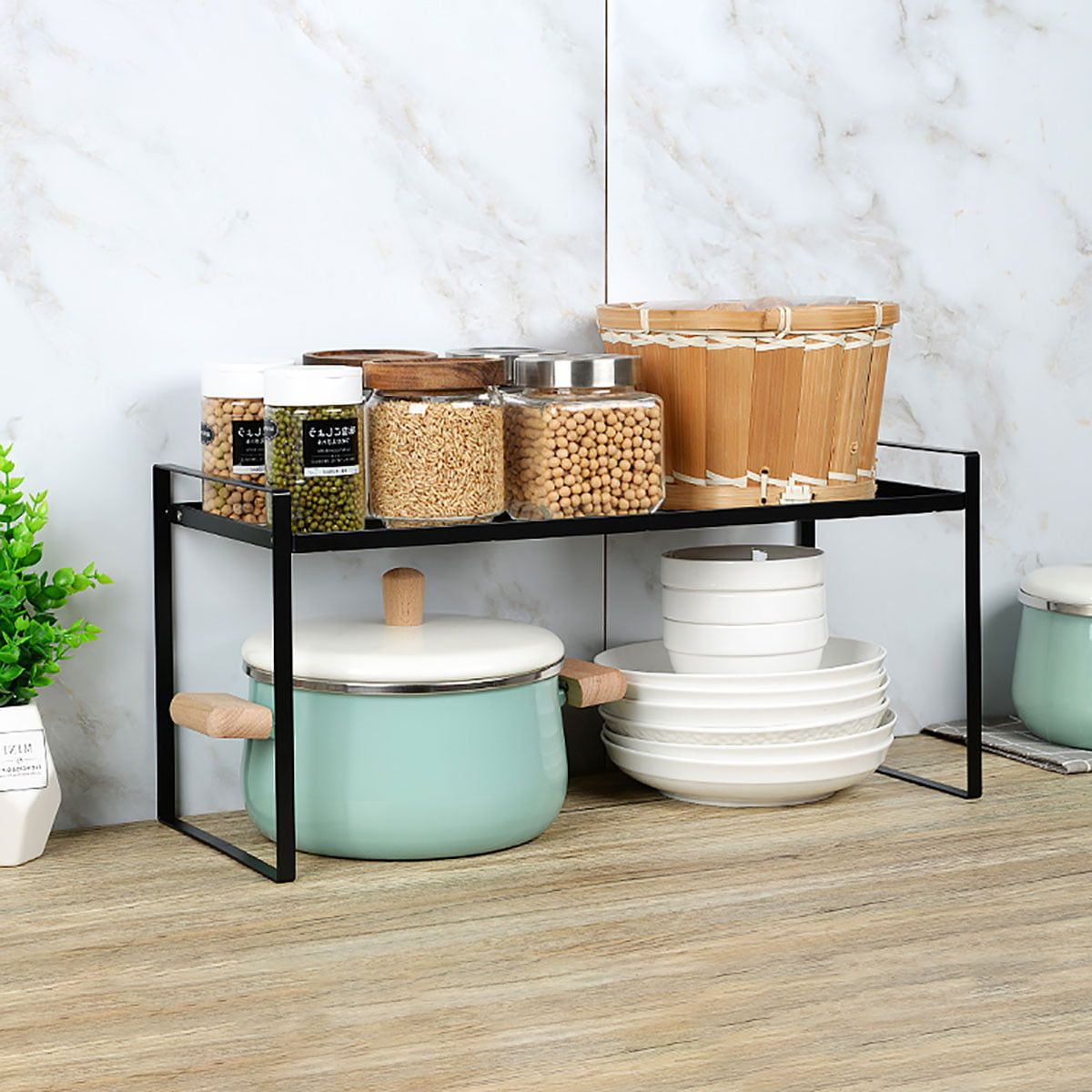 Space Saving Rack Stackable Kitchen Shelving Organizer Rack Shelf Inside Tier Stand Console Cabinets (View 17 of 20)
