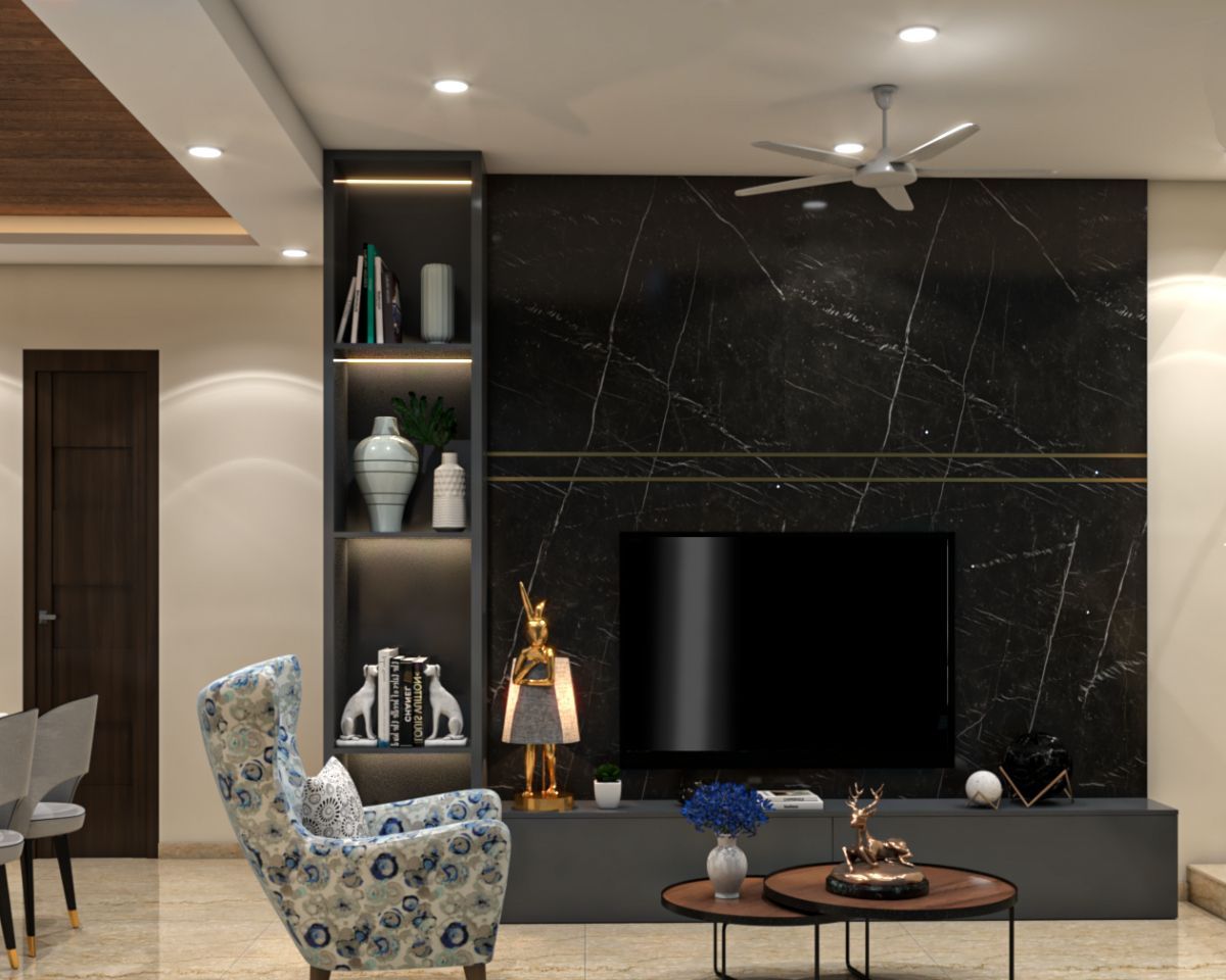 Spacious Tv Unit Design With Black Marble Wall Panel | Livspace For Black Marble Tv Stands (Gallery 7 of 20)