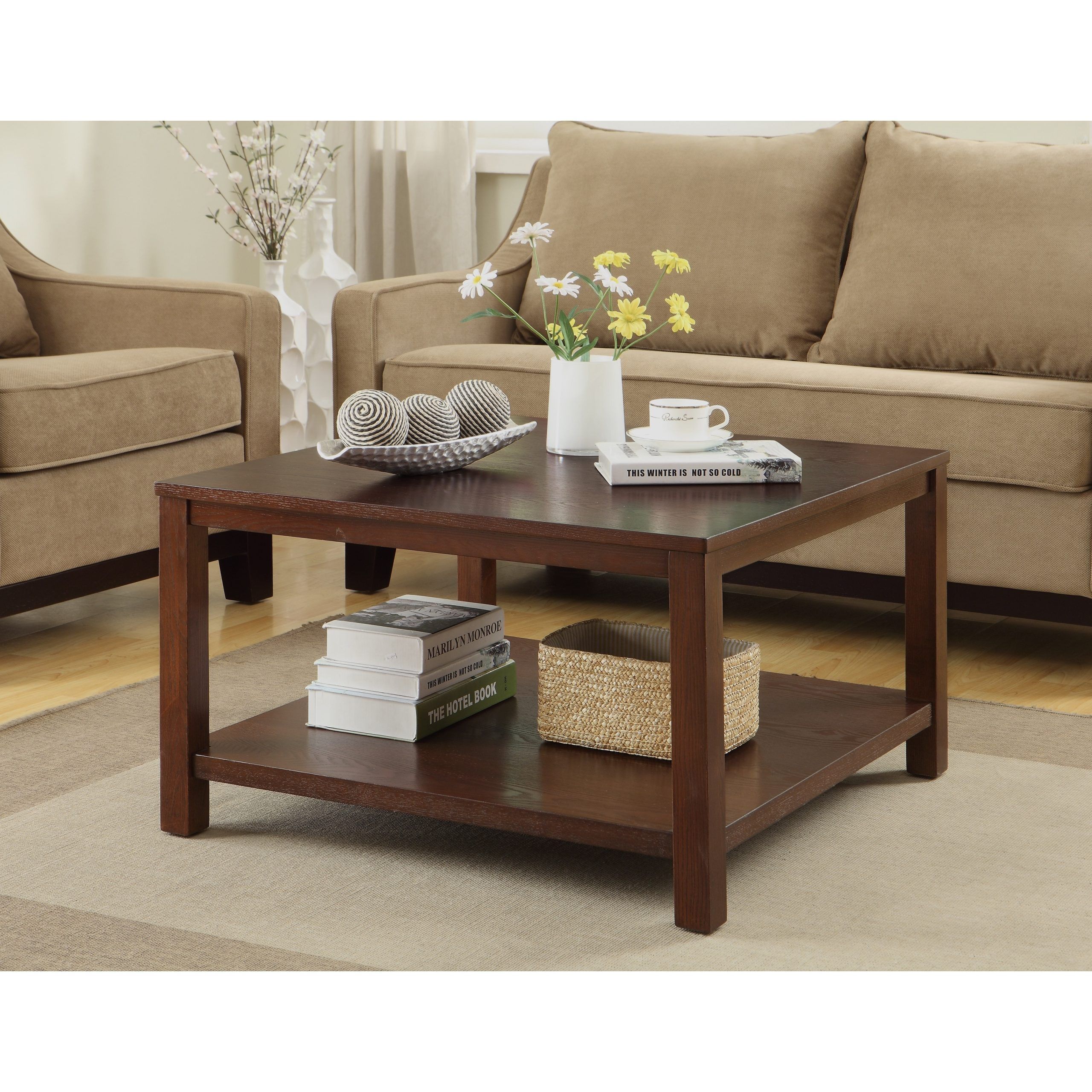 Square Coffee Table With Dual Shelves Solid Wood Legs & Wood | Ebay With Coffee Tables With Solid Legs (View 10 of 20)