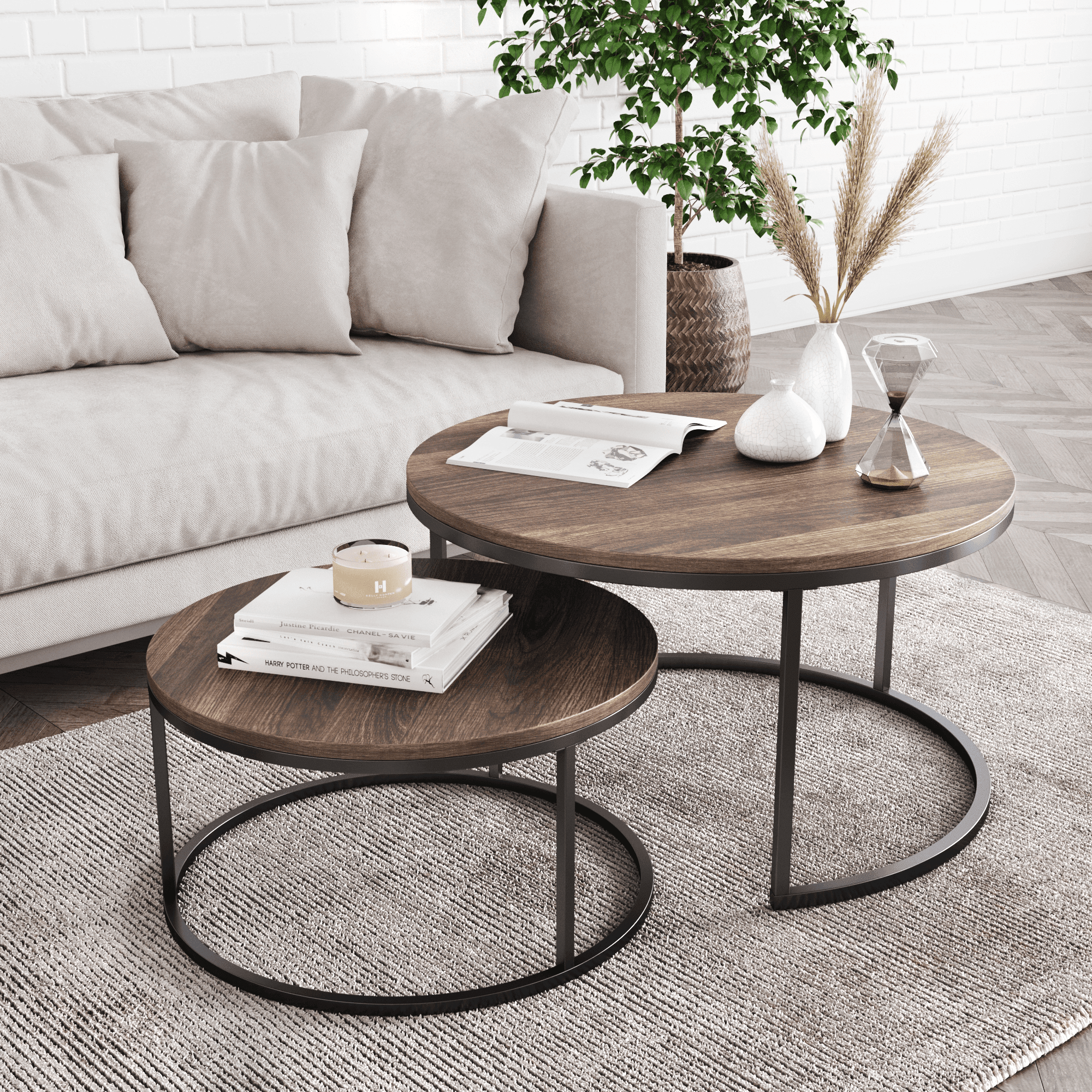Stella Round Nesting Or Stacking Coffee Table Set Of 2 Wood Finish Intended For Round Coffee Tables With Steel Frames (View 6 of 21)