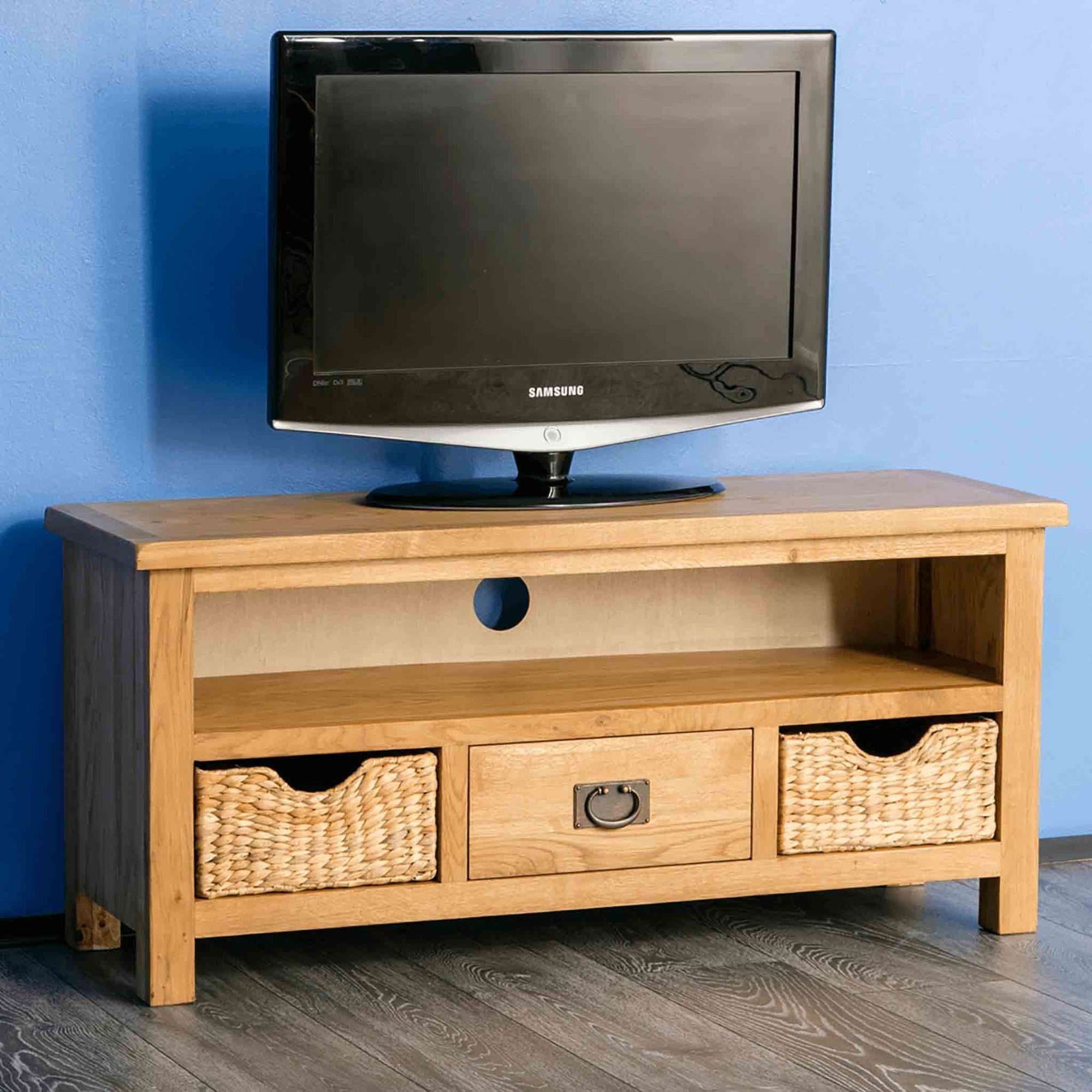 Surrey Oak 110cm Large Tv Stand With Baskets, Traditional, Rustic Solid Pertaining To Oaklee Tv Stands (View 12 of 20)