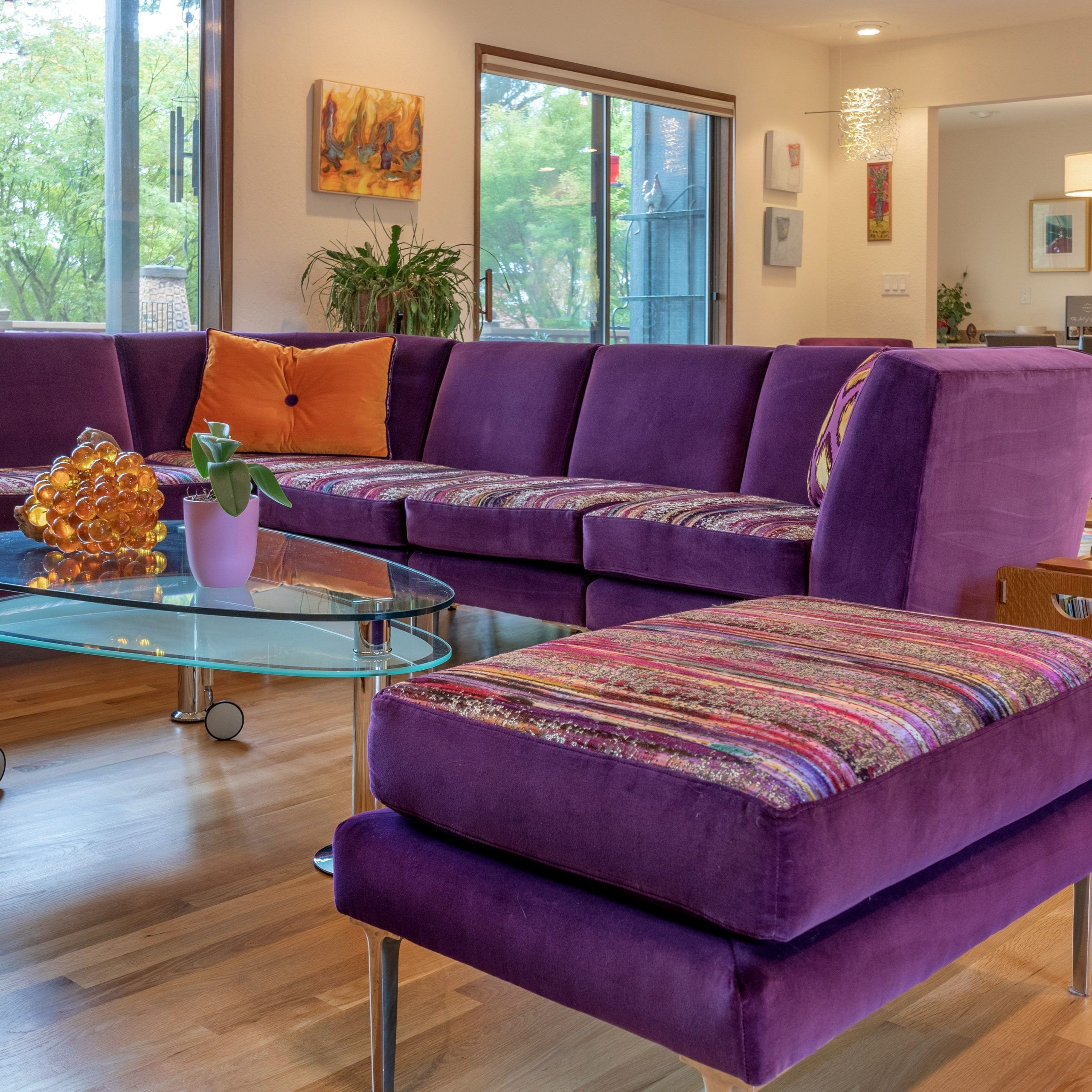 Sw Portland, Or: Modern Living Room With A Vivid Purple Velvet Intended For Modern Velvet Sofa Recliners With Storage (View 4 of 20)