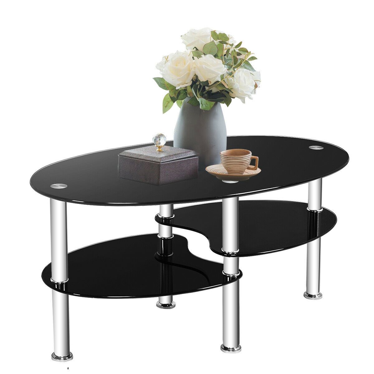 Tempered Glass Oval Side Coffee Table Shelf Chrome Base Living Room Pertaining To Tempered Glass Oval Side Tables (View 3 of 20)