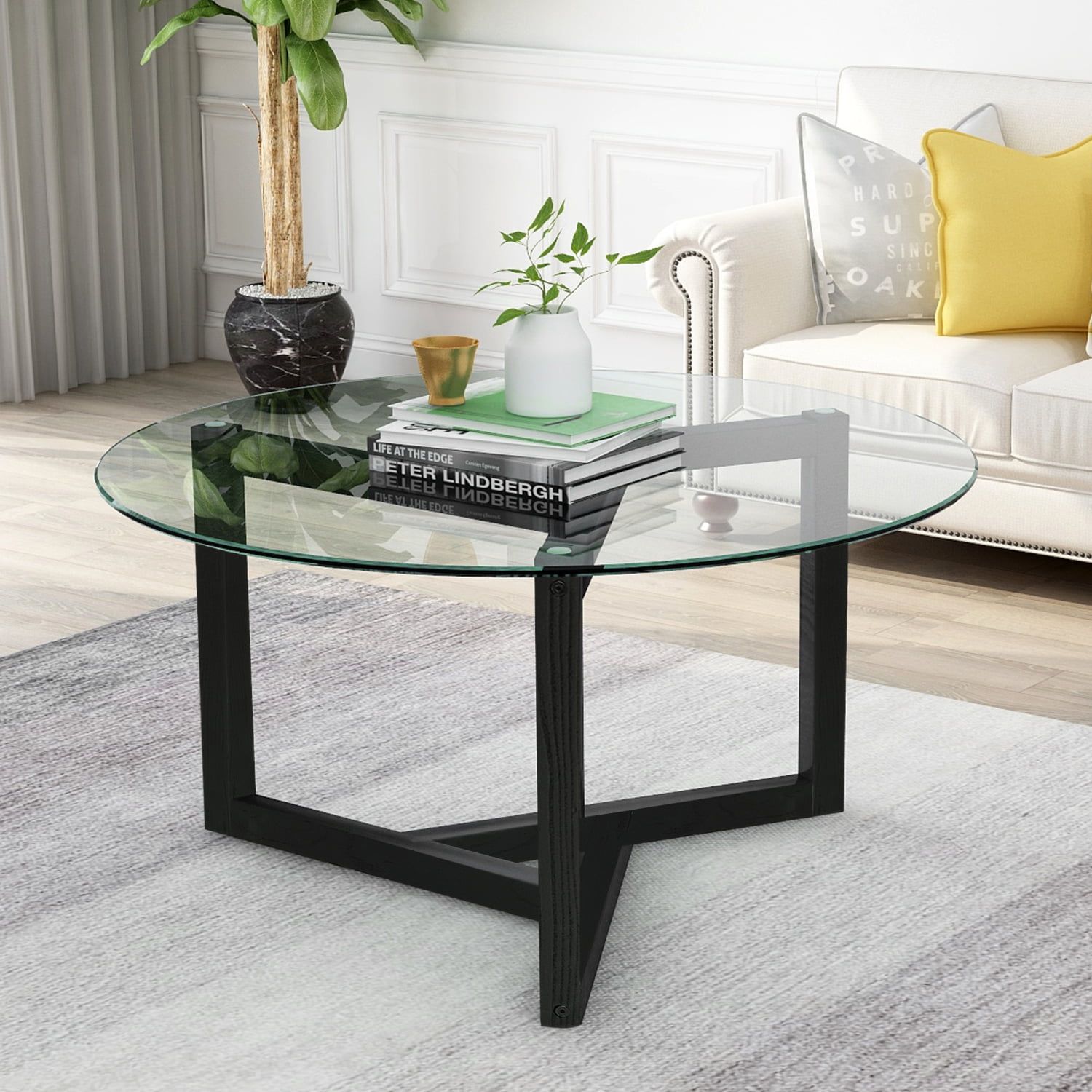 Tfixol Round Glass Coffee Table Modern Cocktail Table Living Room Intended For Wood Tempered Glass Top Coffee Tables (View 19 of 20)