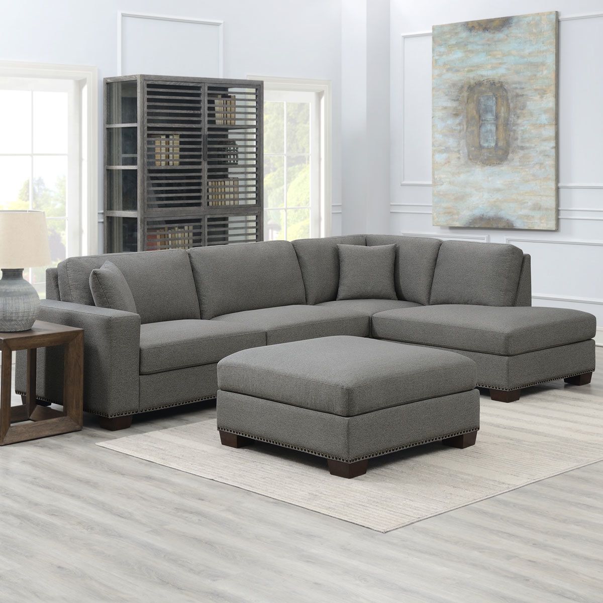 Thomasville Artesia Grey Fabric Sectional Sofa With Ottoman, Right In Sofas With Ottomans (Gallery 12 of 20)