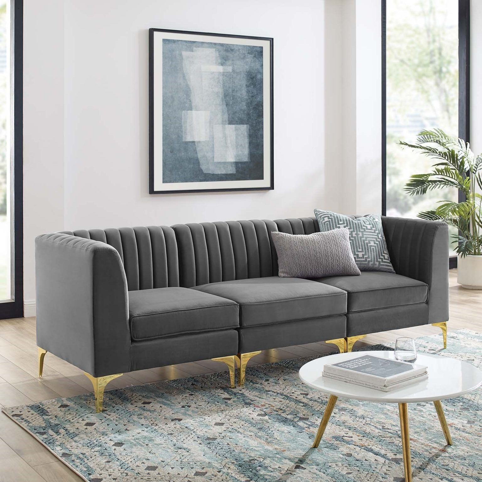 Triumph Channel Tufted Performance Velvet 3 Seater Sofa In Gray – Hyme For Tufted Upholstered Sofas (Gallery 5 of 20)