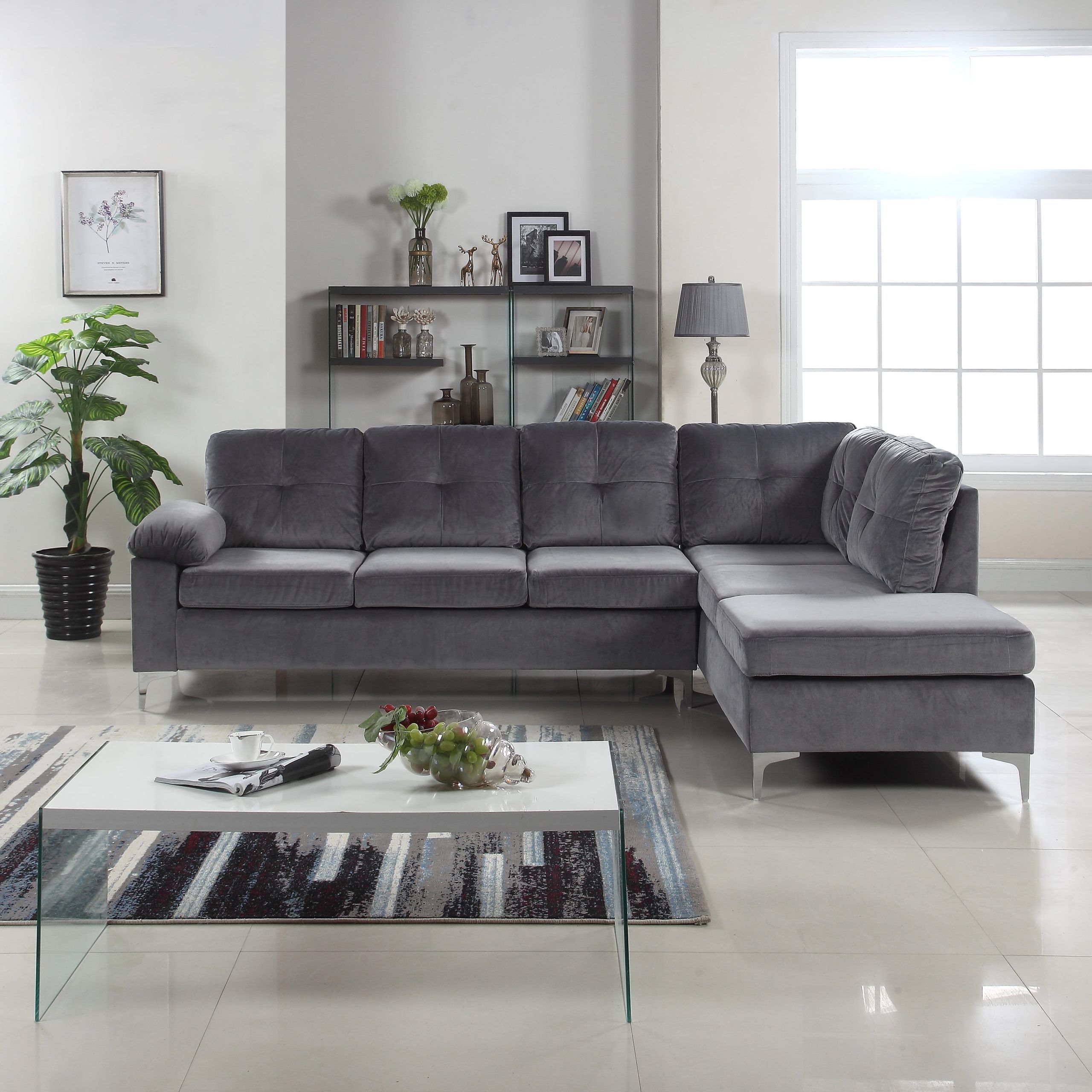 Tufted Brush Microfiber Sectional Sofa, Large L Shape Couch, Dark Grey Intended For Dark Grey Polyester Sofa Couches (View 12 of 20)