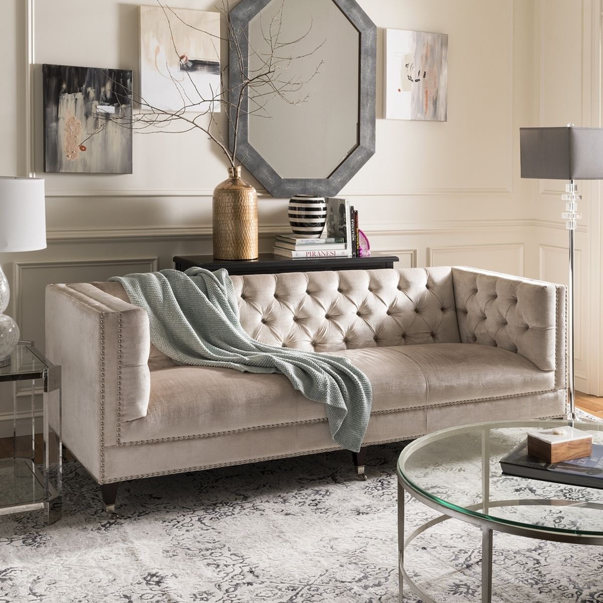 Tufted Upholstered Velvet Nailhead Sofa – Safavieh Intended For Tufted Upholstered Sofas (View 12 of 20)