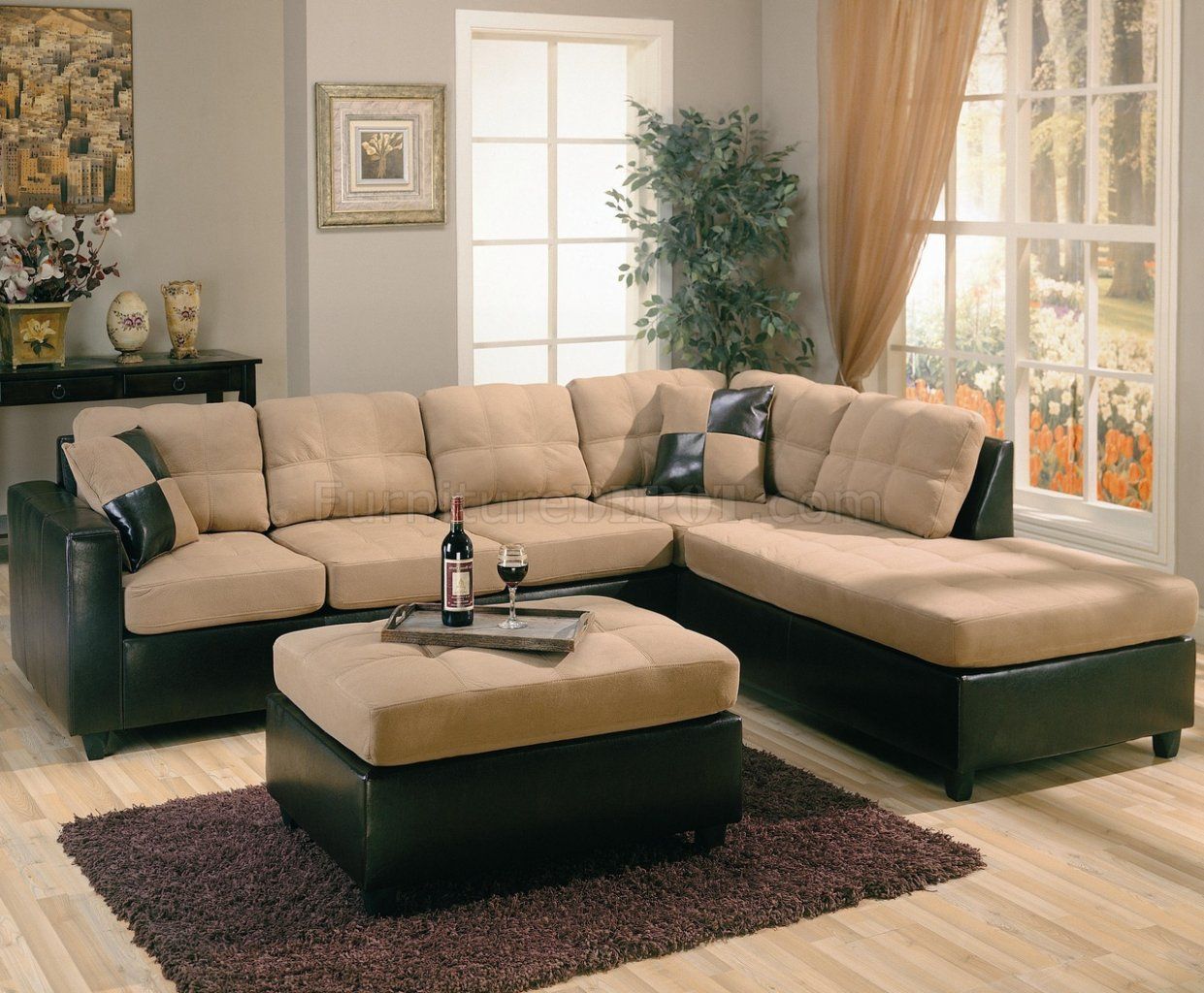 Two Tone Tan Microfiber & Dark Brown Faux Leather Sectional Sofa Intended For 2 Tone Chocolate Microfiber Sofas (Gallery 11 of 20)