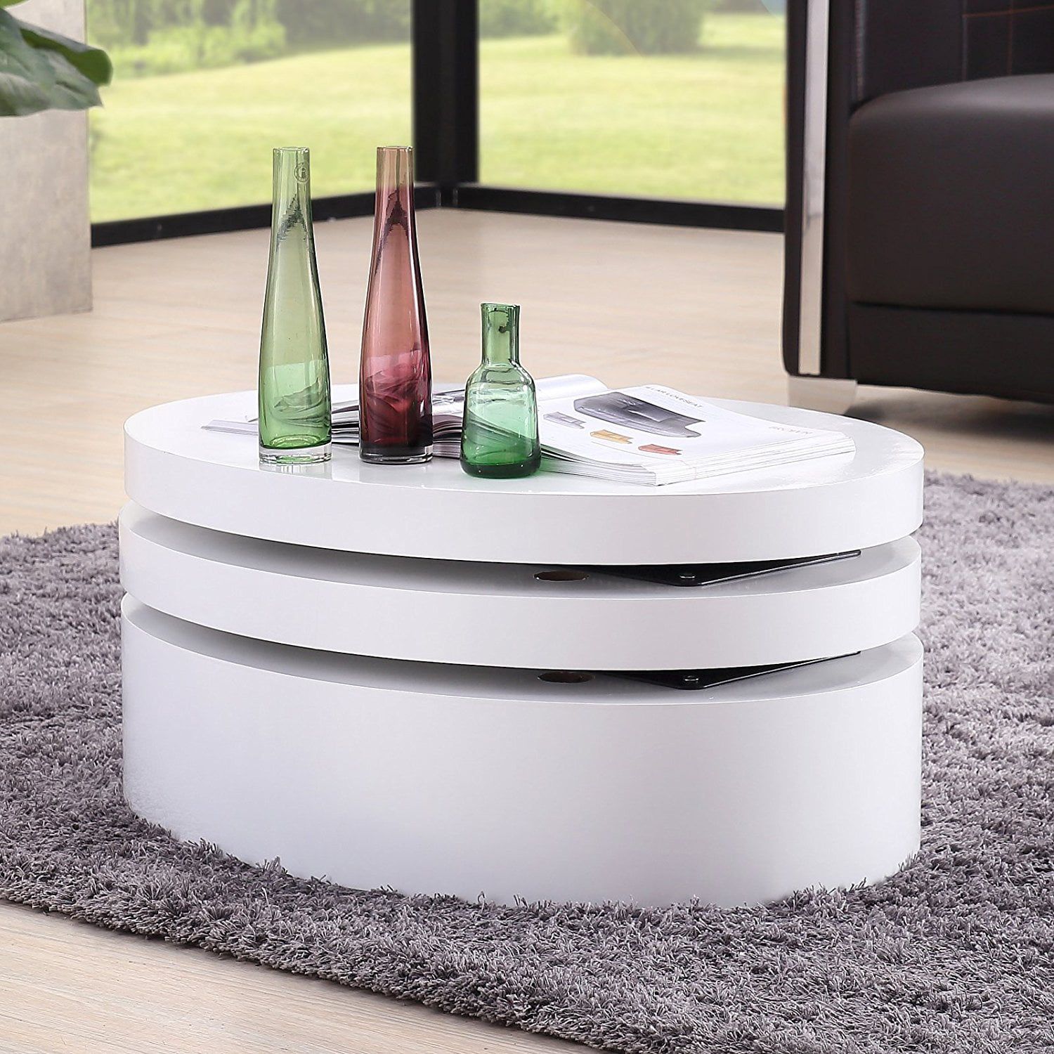 Uenjoy White Round Coffee Table Rotating Contemporary Modern Living Regarding Round Coffee Tables With Storage (Gallery 17 of 20)