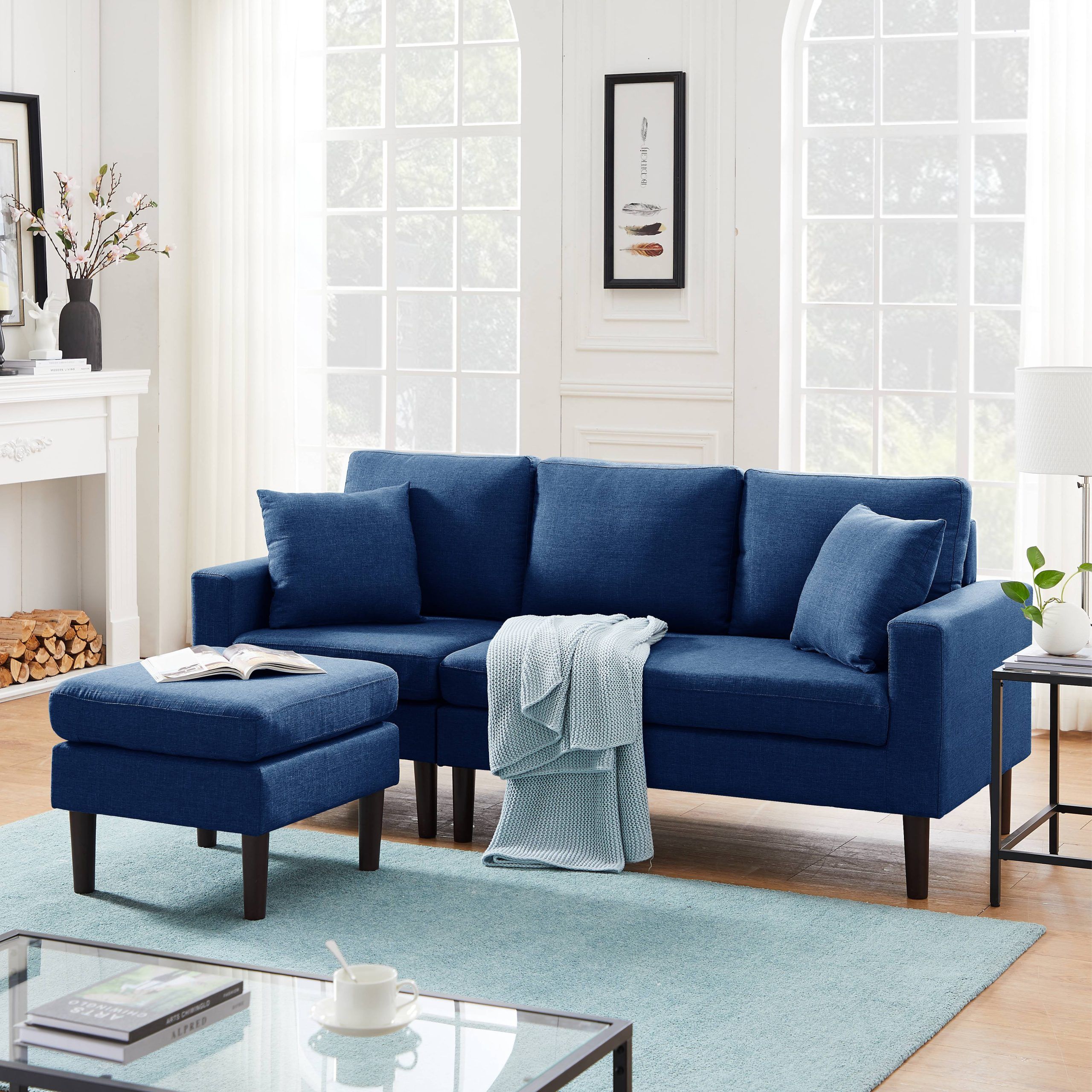 Uhomepro 77"w Mid Century Couches And Sofas Set With Ottoman, High End Throughout Modern Blue Linen Sofas (View 15 of 20)