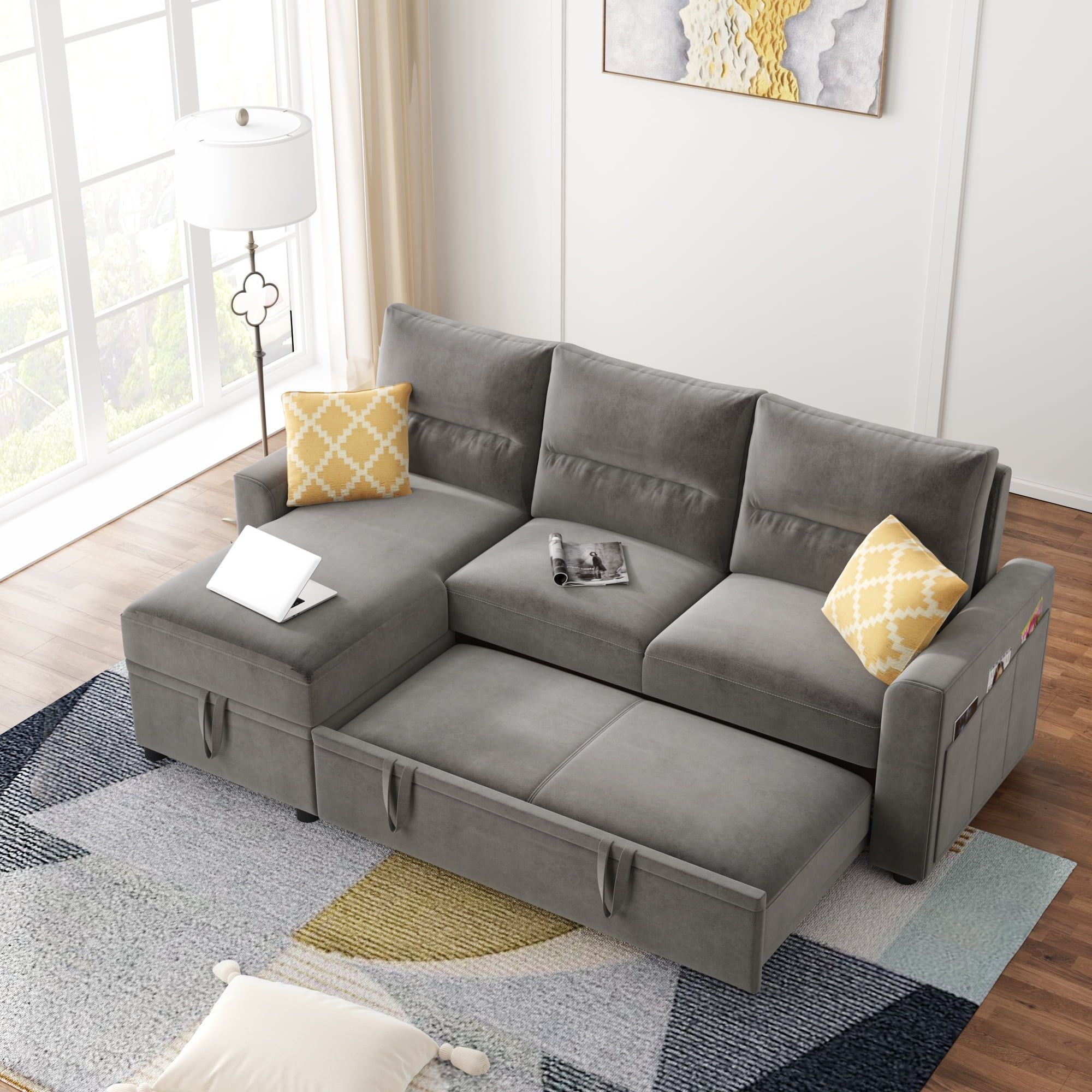 Upholstered Sectional Sleeper Sofa, Segmart 82.5'' Reversible Pull Out Pertaining To 2 In 1 Gray Pull Out Sofa Beds (Gallery 11 of 20)