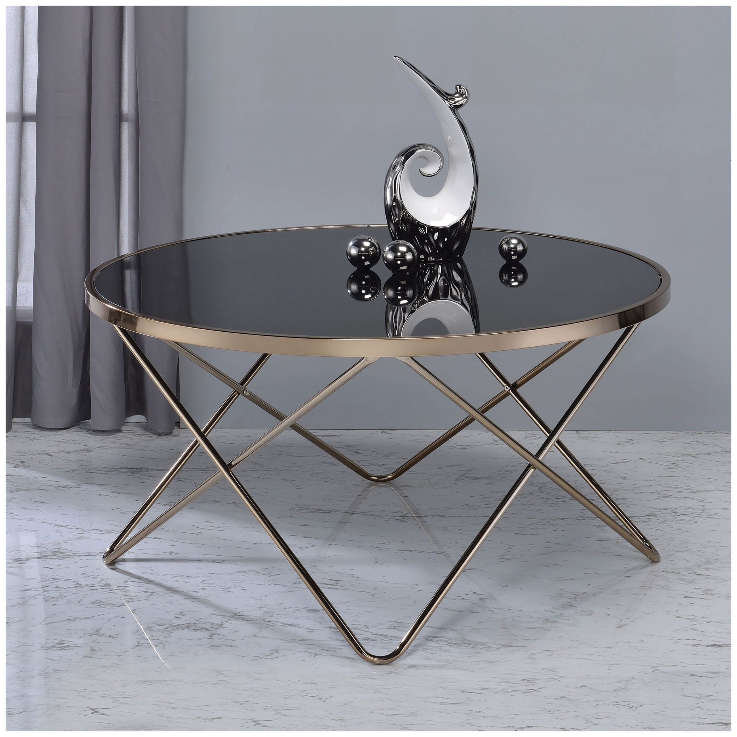 Urban Designs V Shaped Metal Frame Round Coffee Table – Black Glass Intended For Round Coffee Tables With Steel Frames (View 2 of 21)
