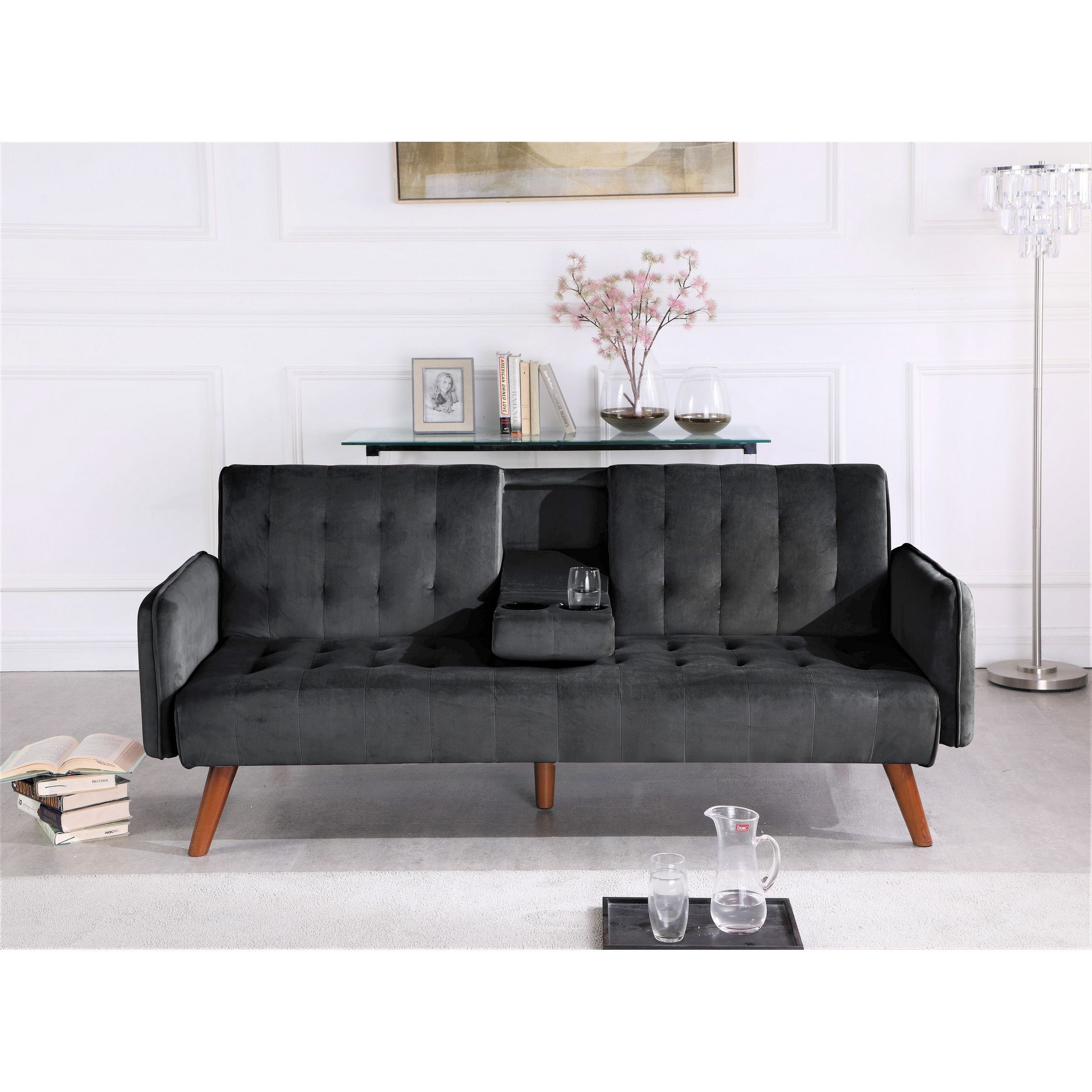 Us Pride Tufted Convertible Velvet Sofa Bed With Cup Holder – Overstock With 66" Convertible Velvet Sofa Beds (Gallery 10 of 20)