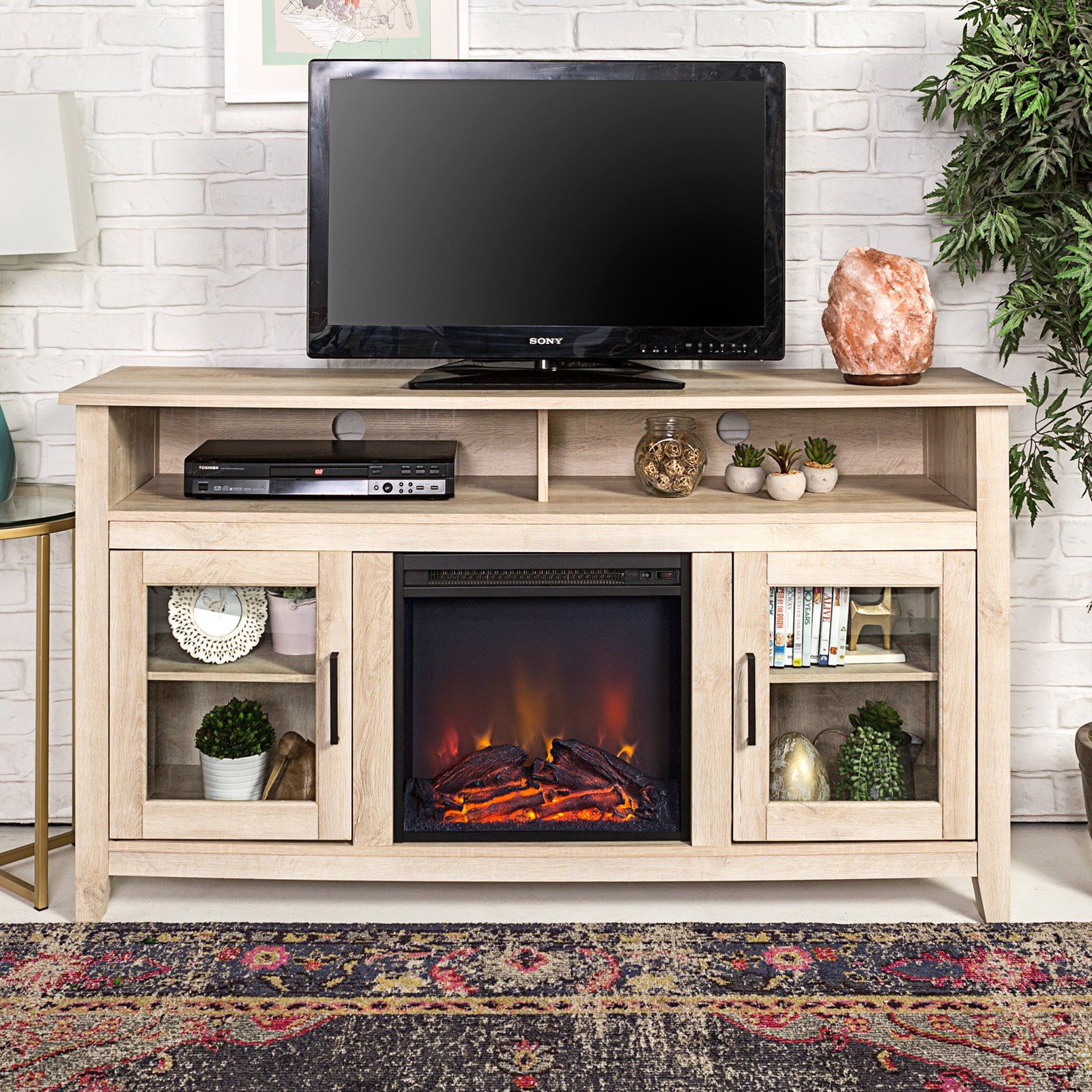 Walker Edison 58 In. Wood Highboy Fireplace Media Tv Stand Console With Regard To Wood Highboy Fireplace Tv Stands (Gallery 2 of 20)