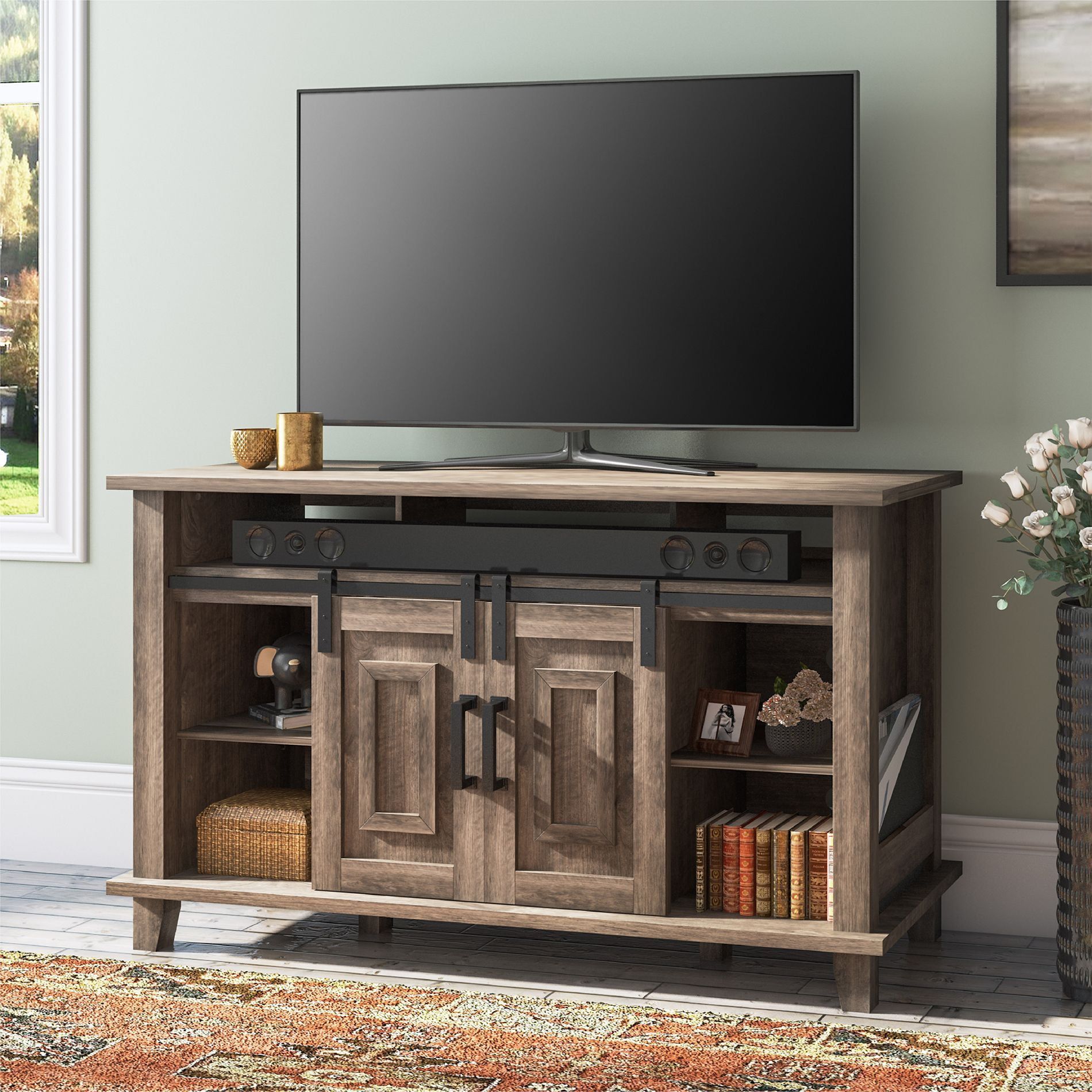 Wampat Farmhouse Sliding Barn Door Tv Stand, Gray Wood Tv Stands For 60 Throughout Farmhouse Stands For Tvs (View 20 of 20)