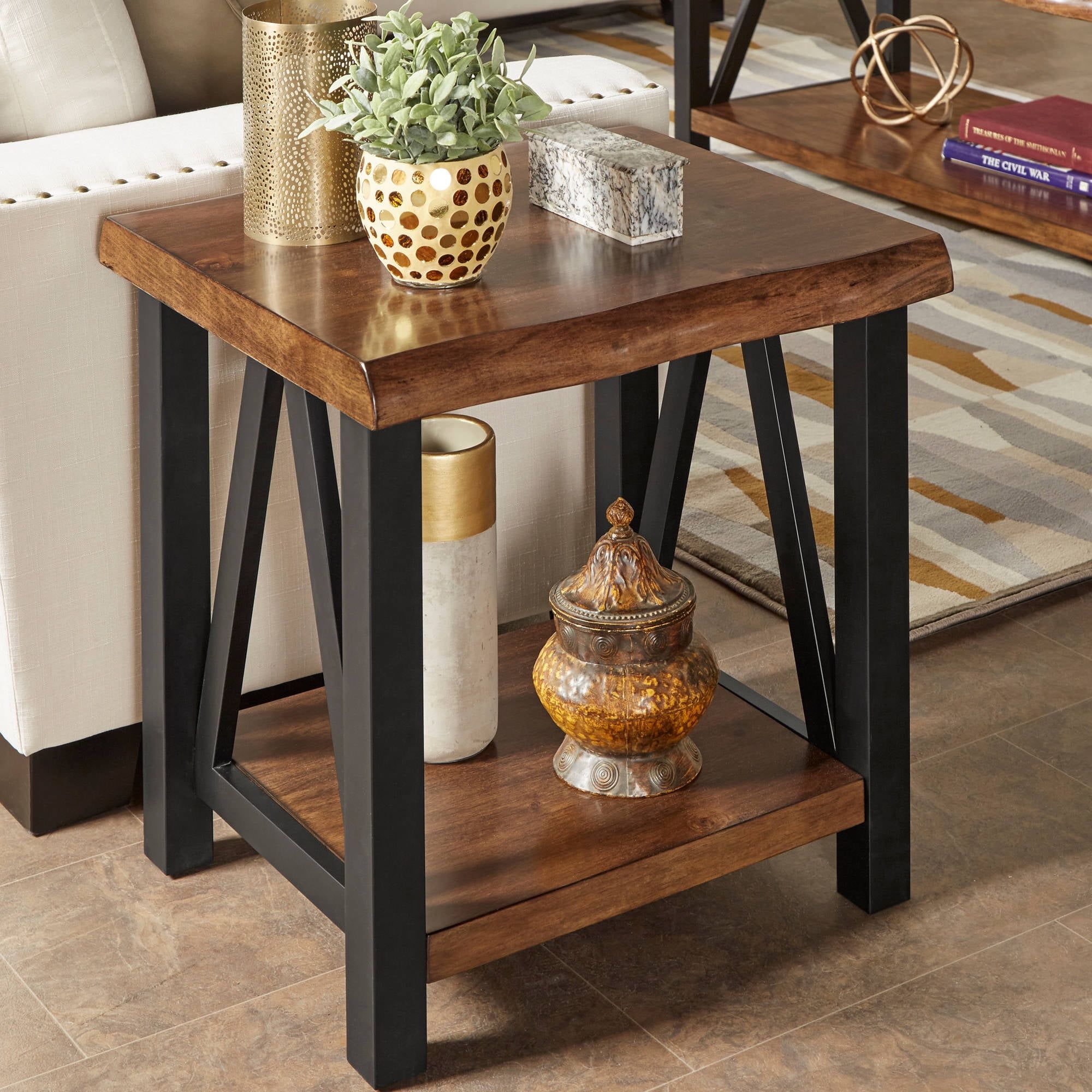 Weston Home Rustic Metal Base End Table With Natural Edge Table Top And Inside Metal Side Tables For Living Spaces (Gallery 2 of 20)