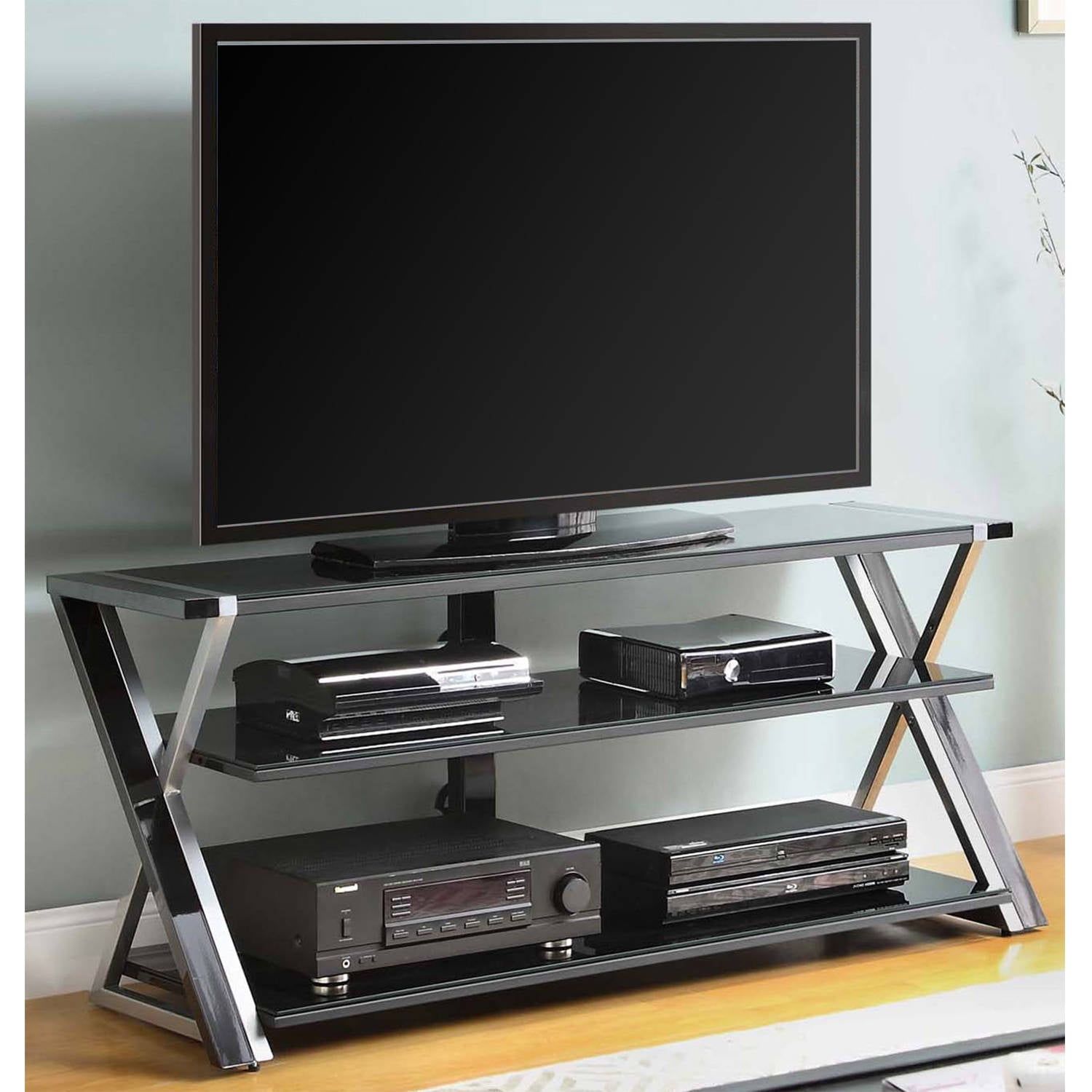 Whalen Furniture Black Tv Stand For 65" Flat Panel Tvs With Tempered In Glass Shelves Tv Stands (Gallery 5 of 20)