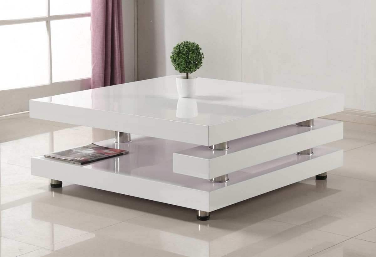 White High Gloss And Stainless Steel Coffee Table – Homegenies Intended For Glossy Finished Metal Coffee Tables (Gallery 1 of 20)