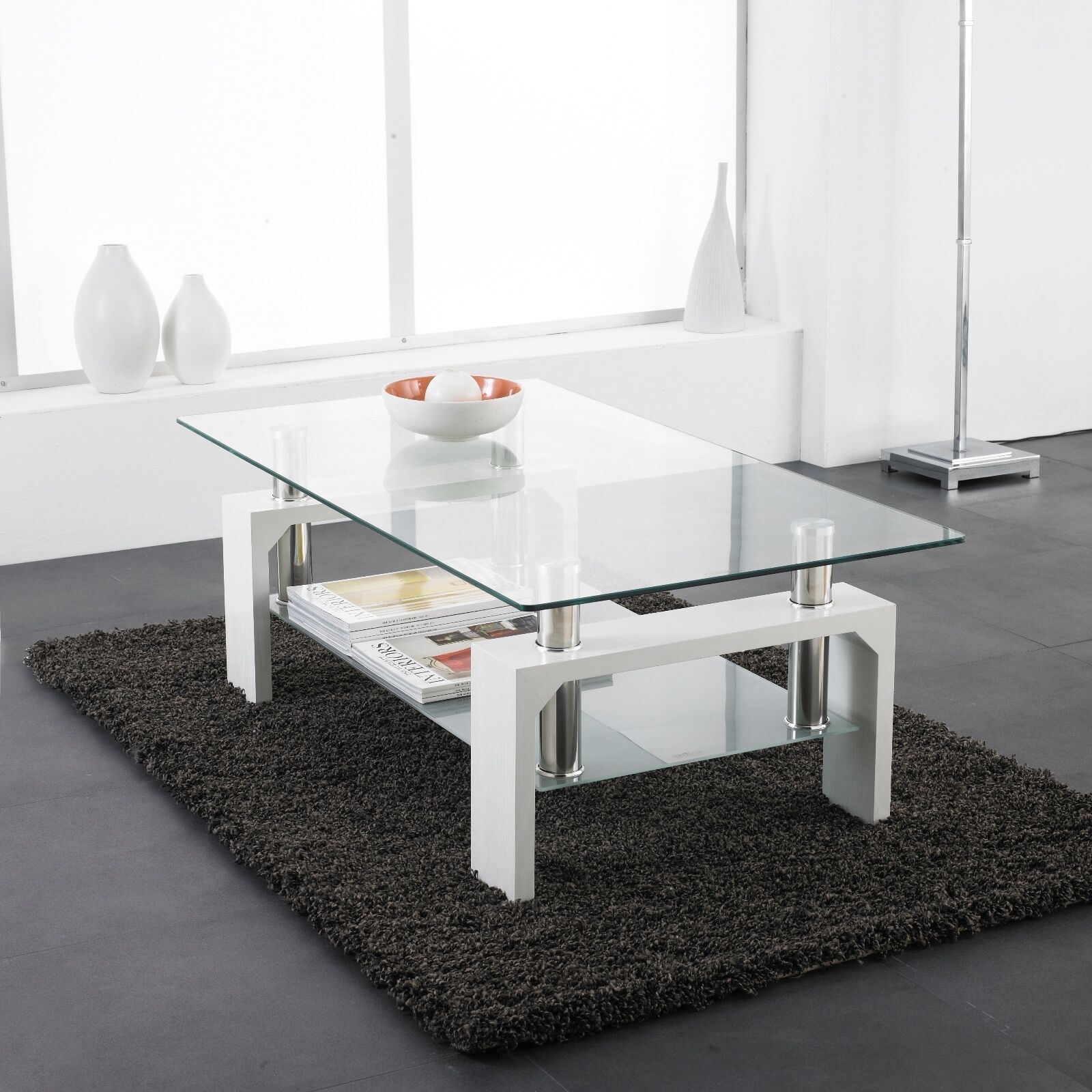 White Modern Rectangle Glass & Chrome Living Room Coffee Table With Throughout Glass Coffee Tables With Lower Shelves (View 2 of 20)