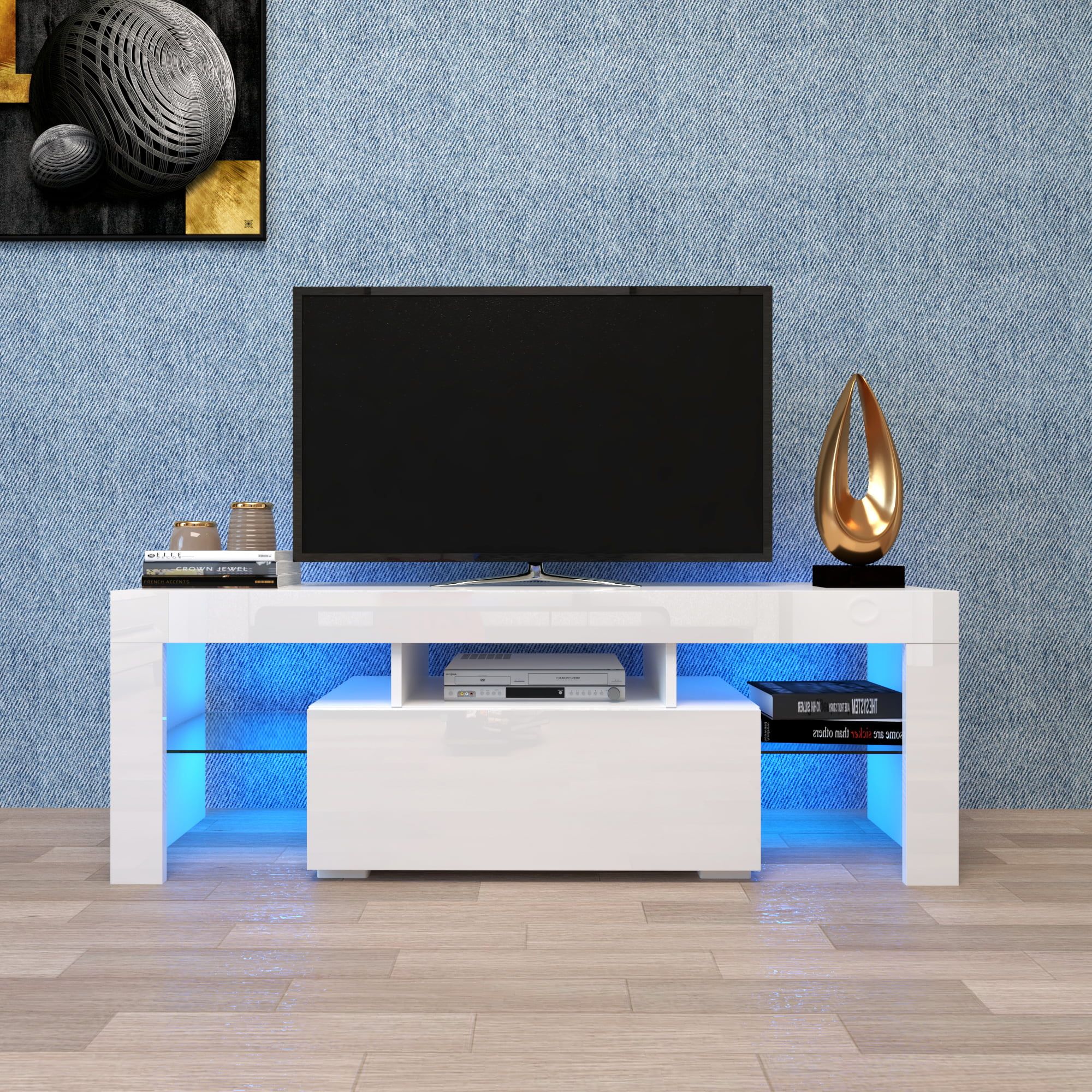 White Tv Stand For Living Room, Modern Tv Stand With Led Light, Tv With Led Tv Stands With Outlet (Gallery 12 of 20)