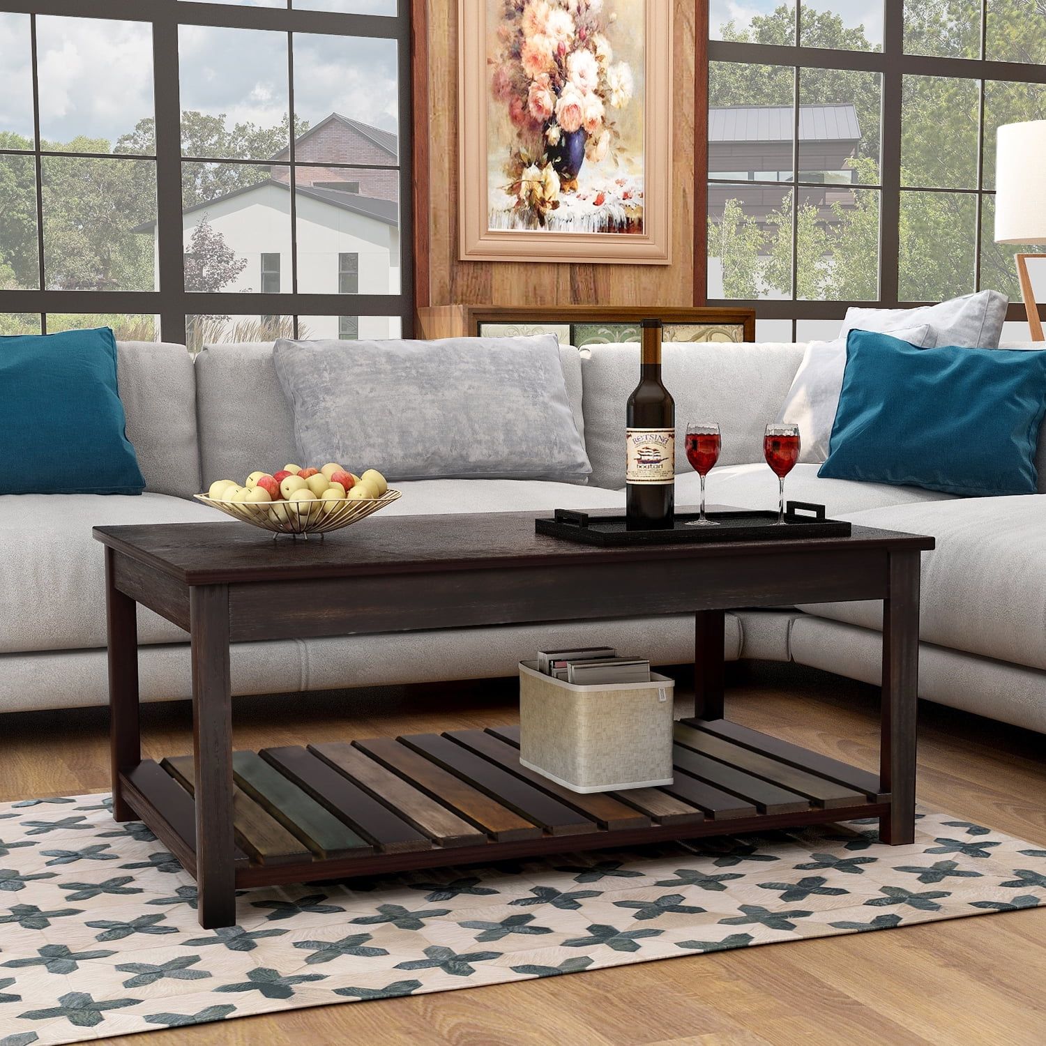Wood Top Coffee Table For Living Room, Natural Wooden Simple Design With Wood Coffee Tables With 2 Tier Storage (Gallery 17 of 20)