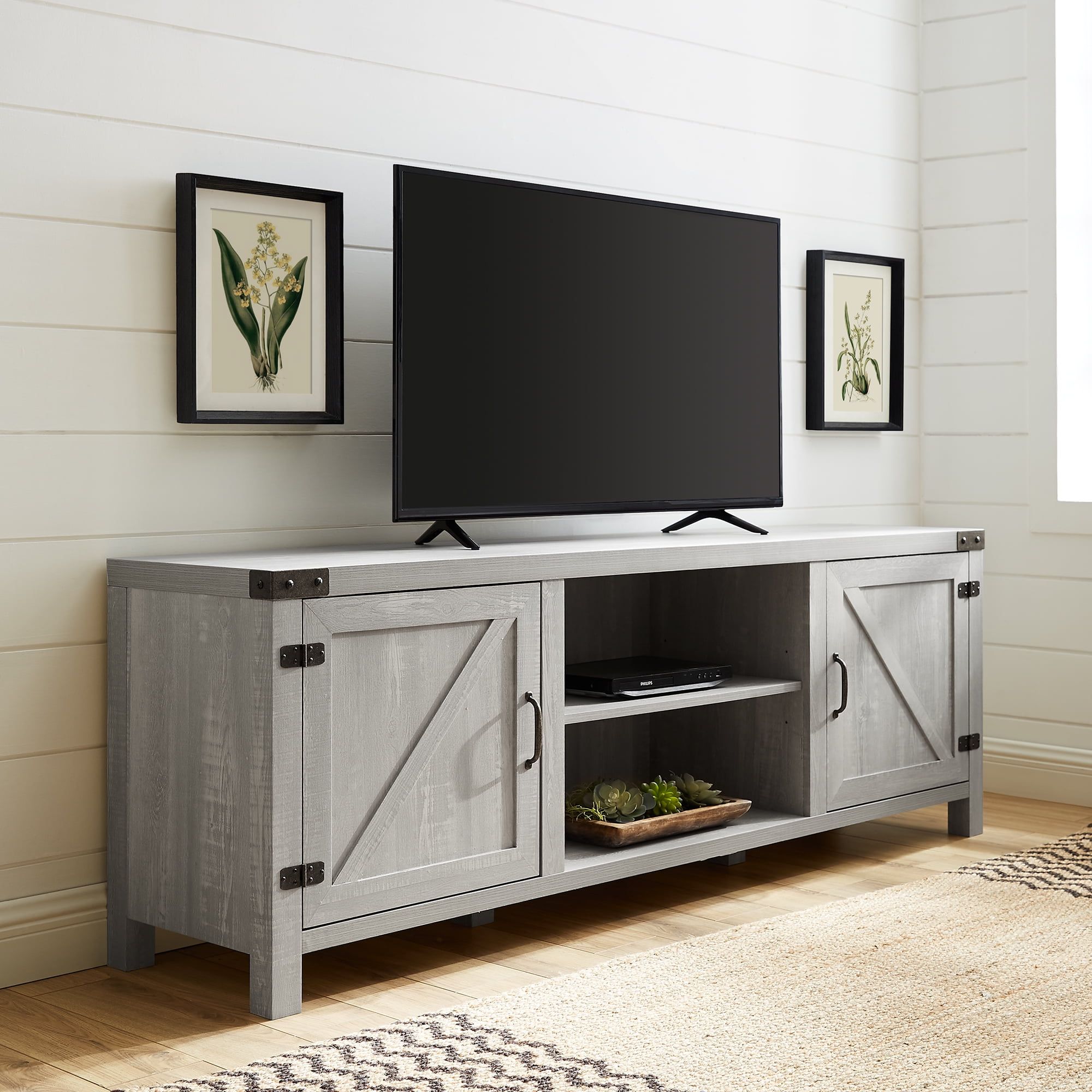 Woven Paths Farmhouse Barn Door Tv Stand For Tvs Up To 80", Stone Grey Intended For Farmhouse Tv Stands (Gallery 13 of 20)