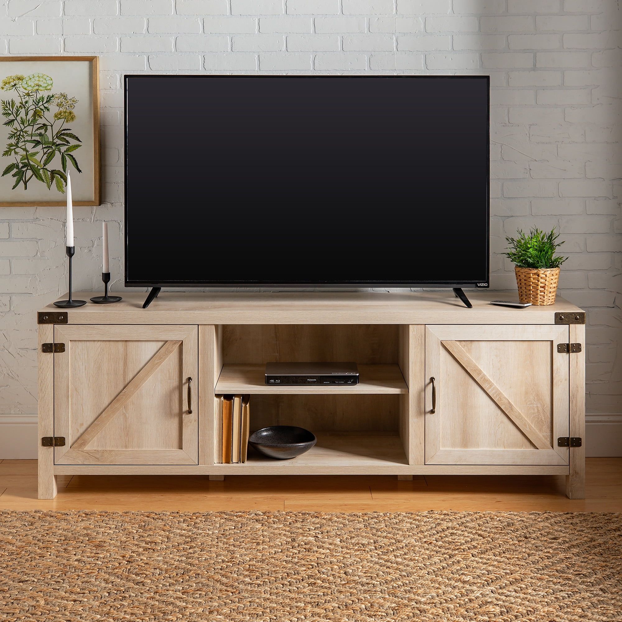 Woven Paths Farmhouse Barn Door Tv Stand For Tvs Up To 80", White Oak For Farmhouse Tv Stands For 70 Inch Tv (View 13 of 20)