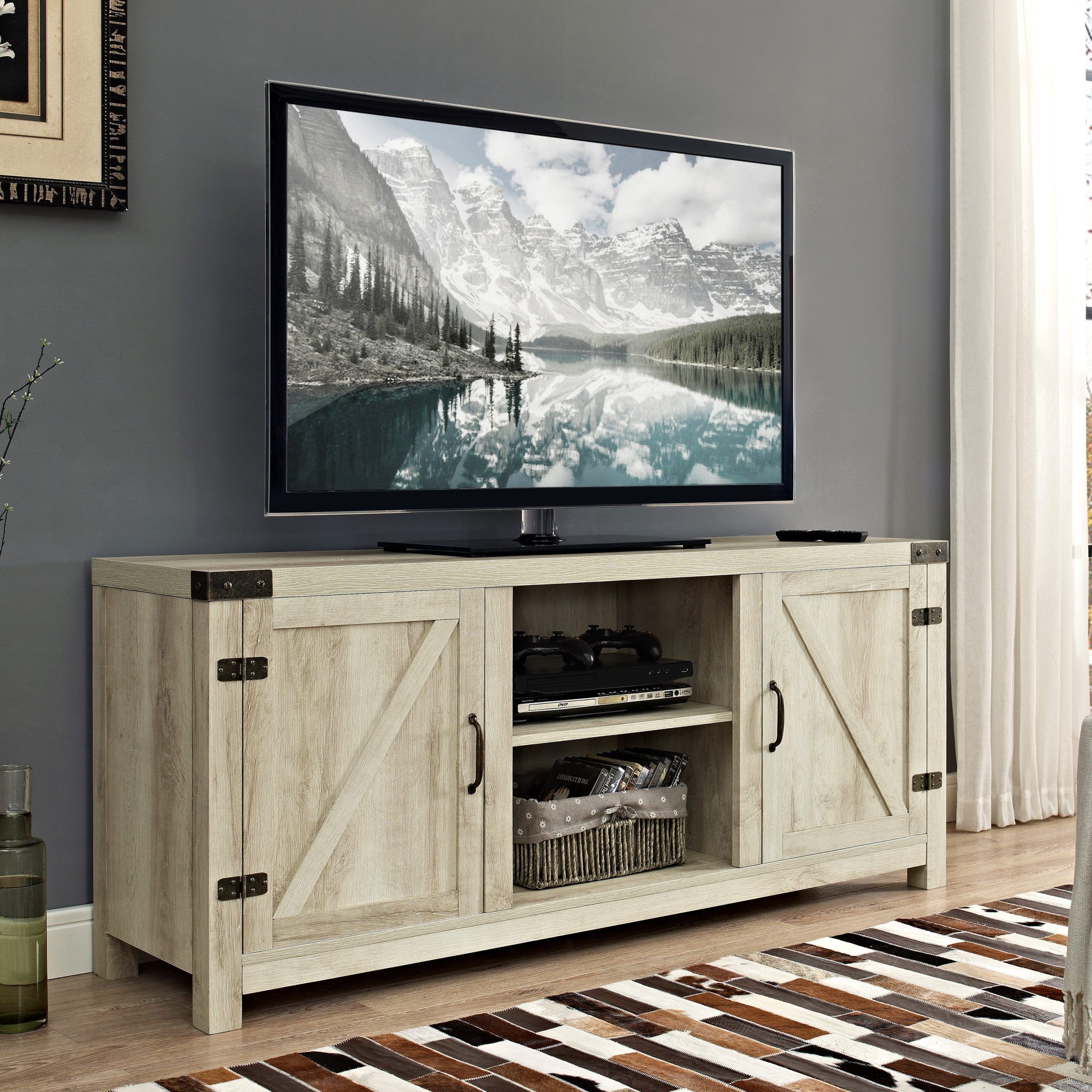 Woven Paths Modern Farmhouse Barn Door Tv Stand For Tvs Up To 65 Inside Barn Door Media Tv Stands (View 13 of 20)
