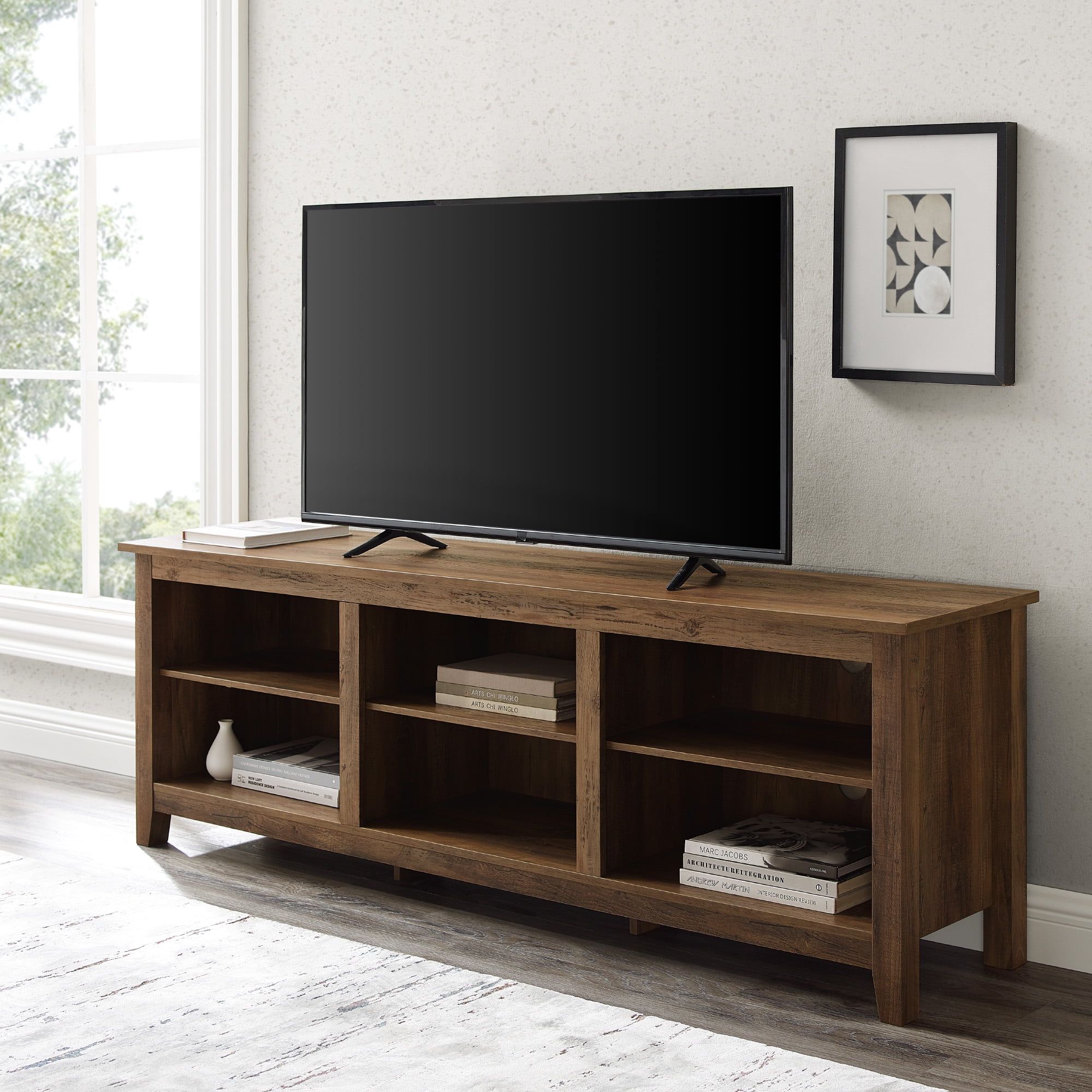 Woven Paths Open Storage Tv Stand For Tvs Up To 80", Reclaimed Barnwood Regarding Cafe Tv Stands With Storage (Gallery 7 of 20)