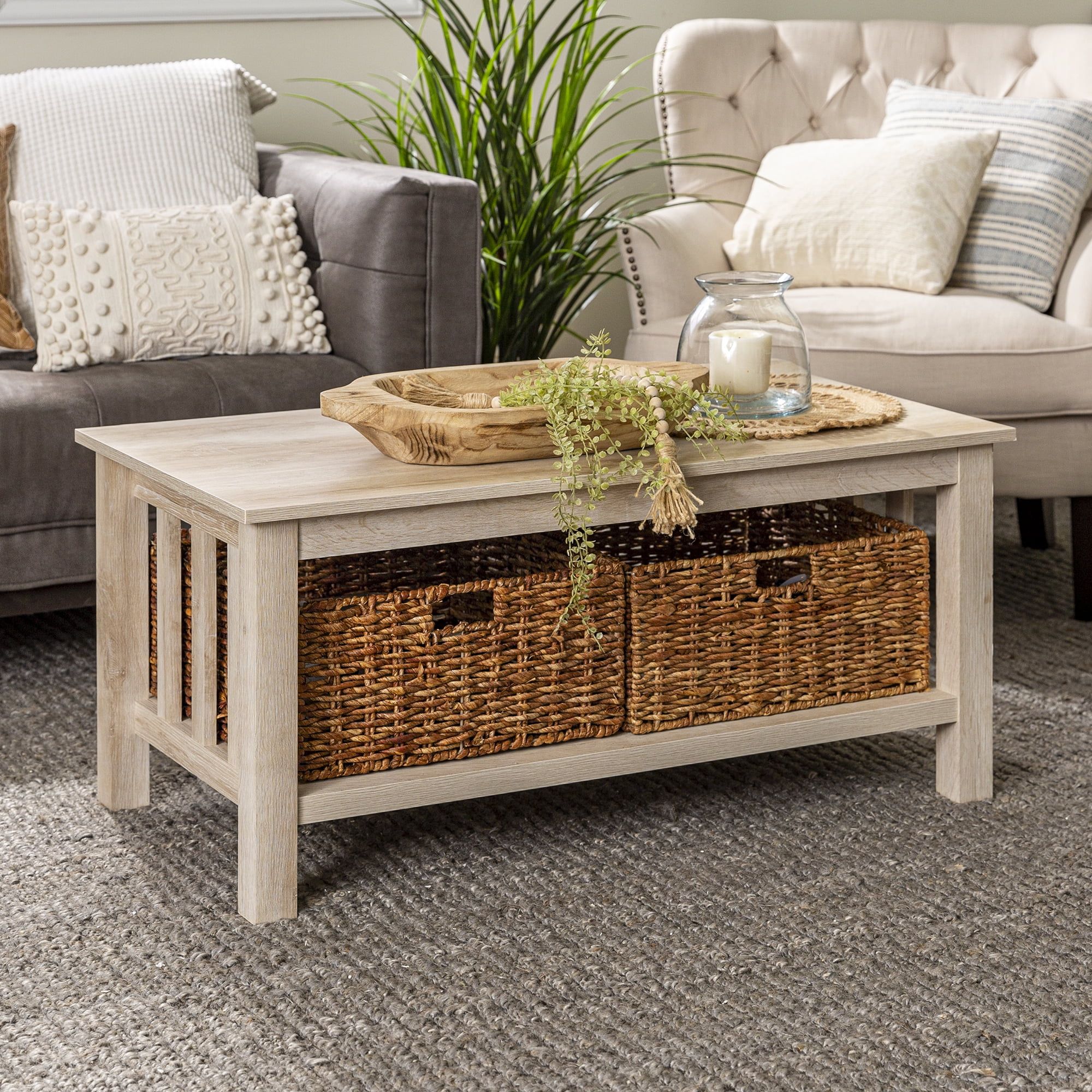 Woven Paths Traditional Storage Coffee Table With Bins, White Oak Pertaining To Coffee Tables With Open Storage Shelves (Gallery 11 of 20)