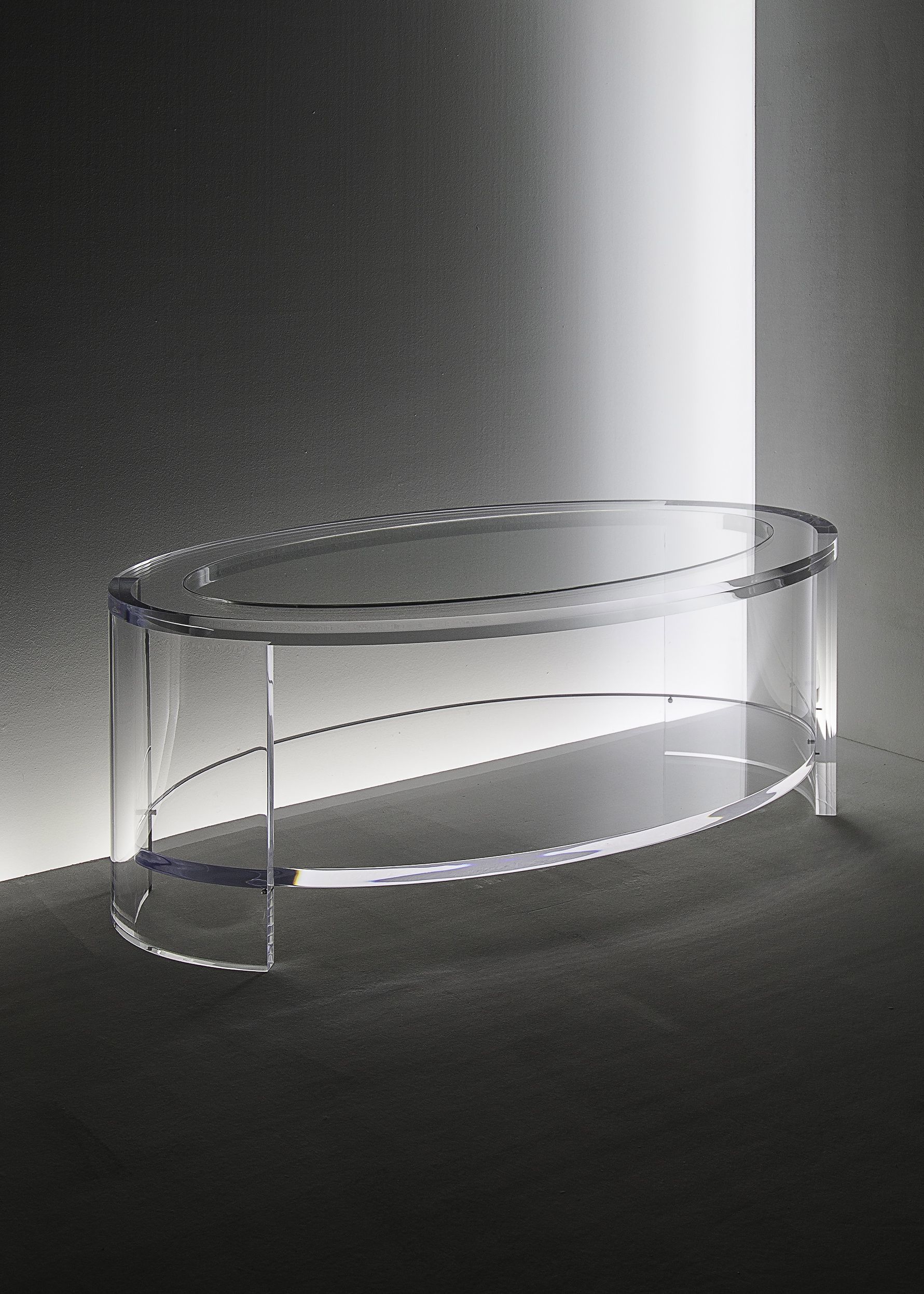 Www.studiocarew.co.uk – Eclipse Oval Coffee Table In Acrylic And Glass Inside Glass Coffee Tables With Lower Shelves (Gallery 6 of 20)