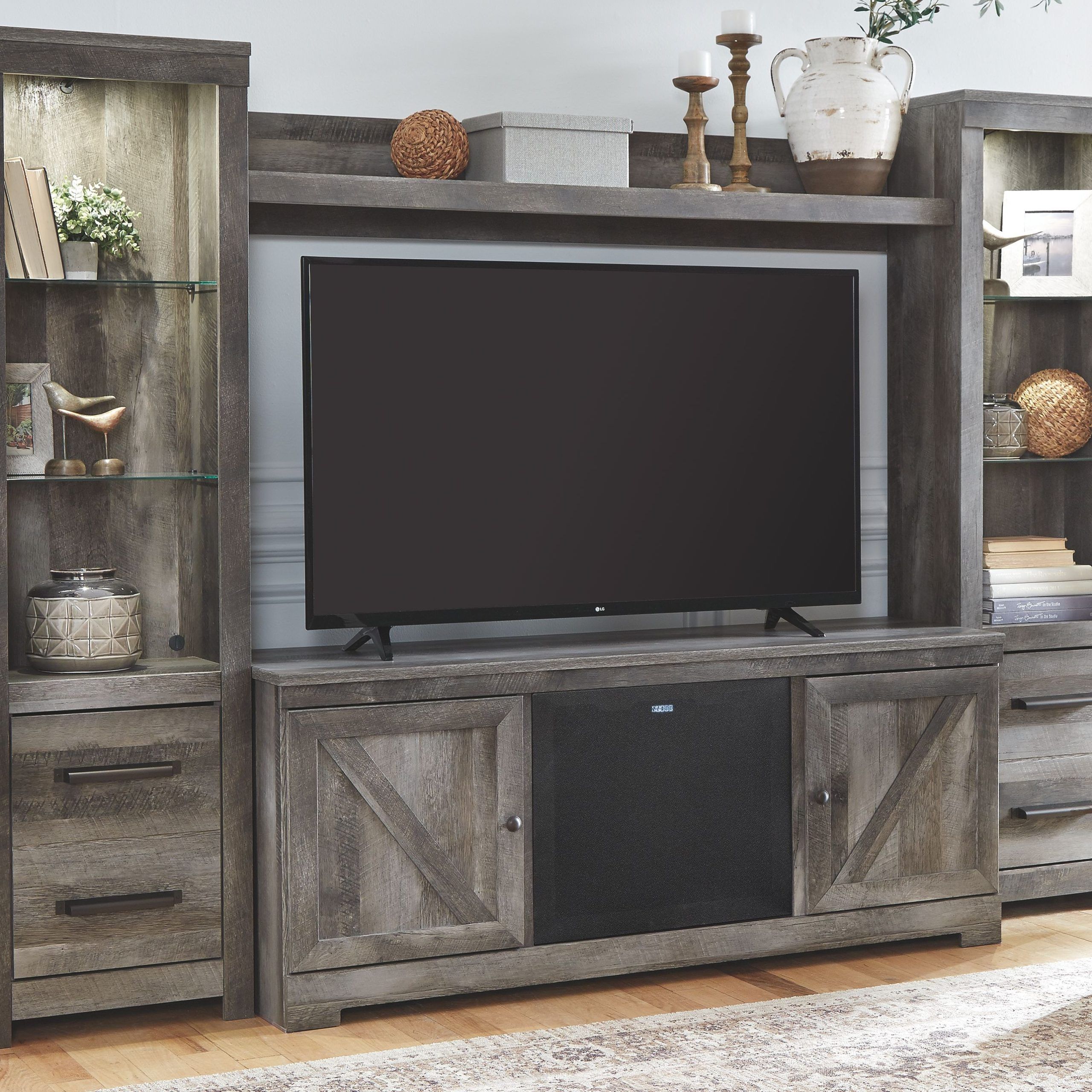 Wynnlow – Gray – Entertainment Center – Lg Tv Stand, 2 Piers, Bridge For Entertainment Units With Bridge (Gallery 3 of 20)