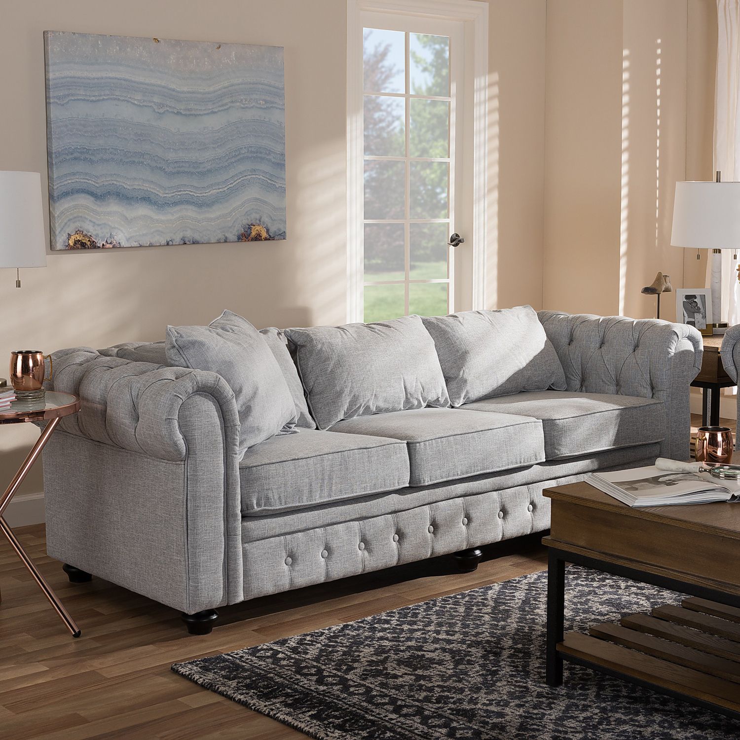 Younes Gray Tufted Linen Chesterfield Sofa – Pier1 In Gray Linen Sofas (Gallery 1 of 20)
