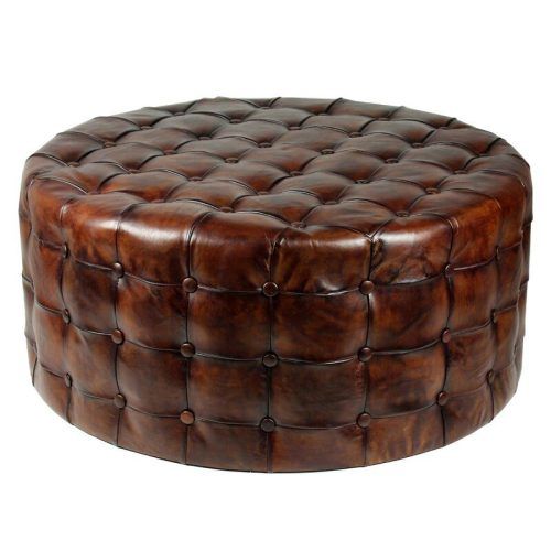 Brown Leather Hide Round Ottomans (Photo 1 of 20)