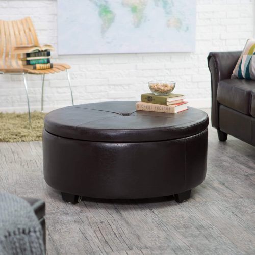 Brown Faux Leather Tufted Round Wood Ottomans (Photo 4 of 20)