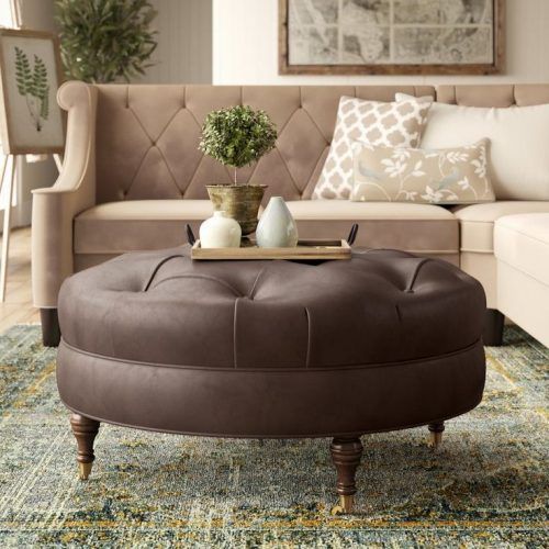 Brown Faux Leather Tufted Round Wood Ottomans (Photo 15 of 20)