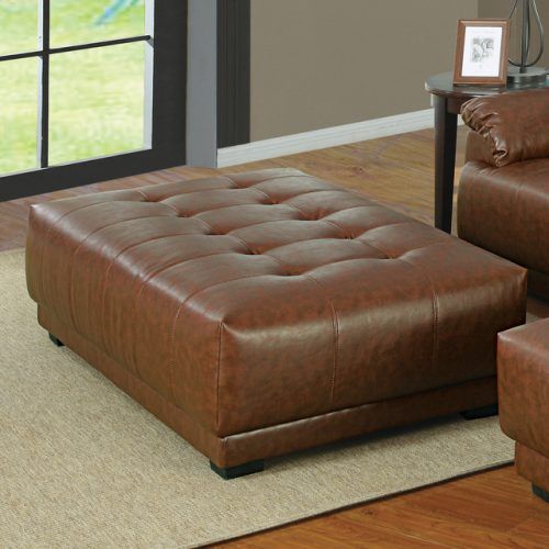 Brown Leather Tan Canvas Pouf Ottomans (Photo 13 of 20)