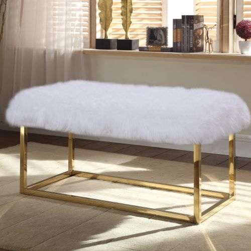 White Faux Fur And Gold Metal Ottomans (Photo 13 of 20)