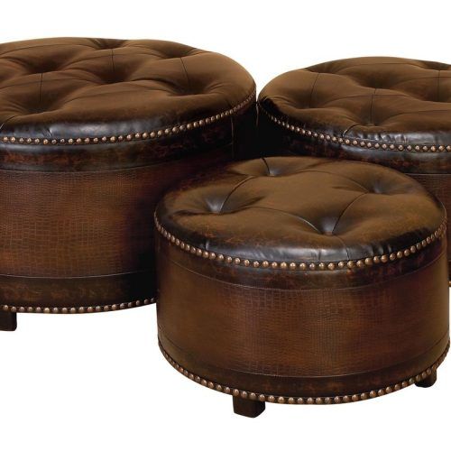 Weathered Ivory Leather Hide Pouf Ottomans (Photo 17 of 20)