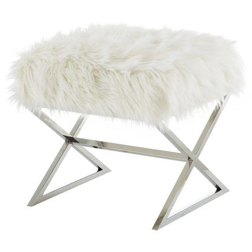 White Faux Fur And Gold Metal Ottomans (Photo 9 of 20)